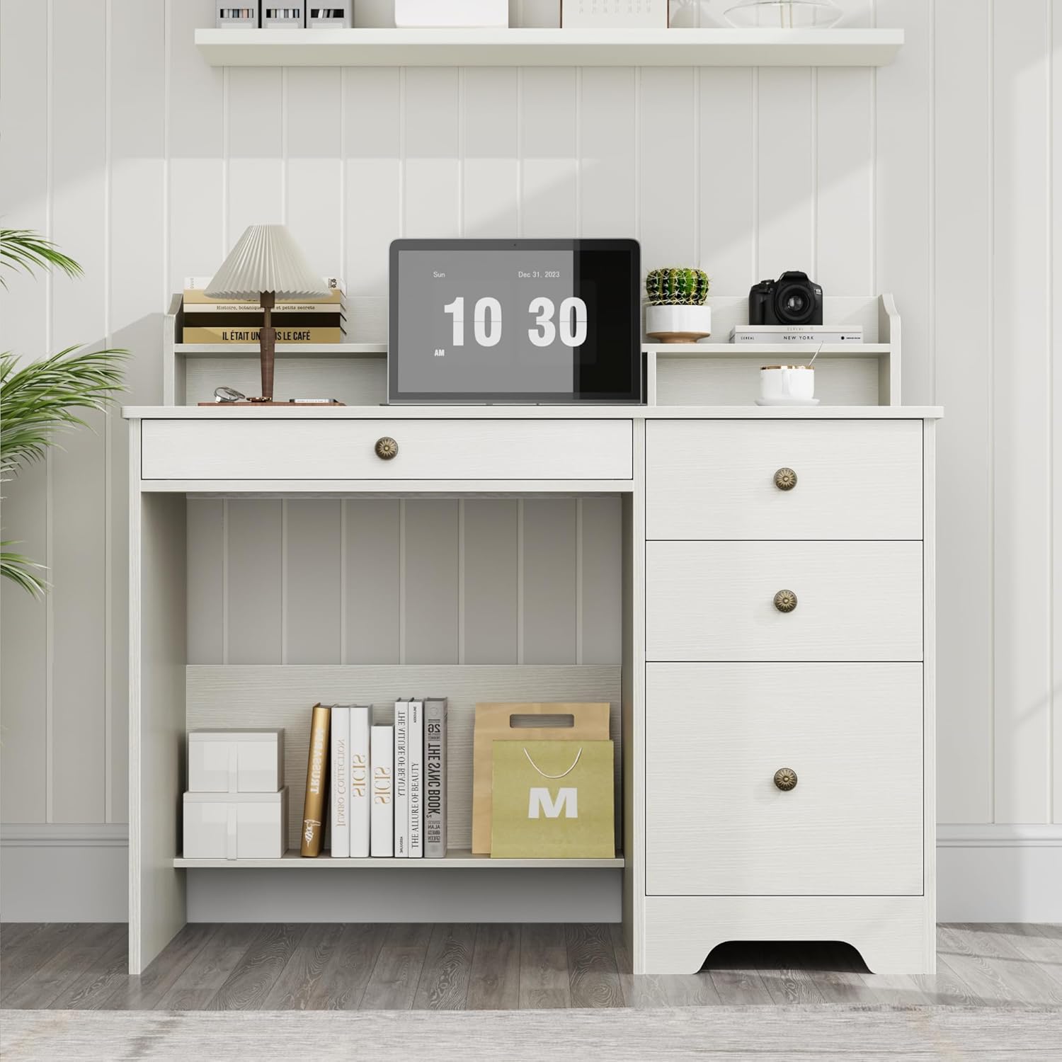 TTVIEW Computer Desk with Drawers and Hutch Shelf, Wood Executive Desk Writing Study Table with 43” Wide Tabletop, Small Desk with File Drawer for Home Office Bedroom, White Oak