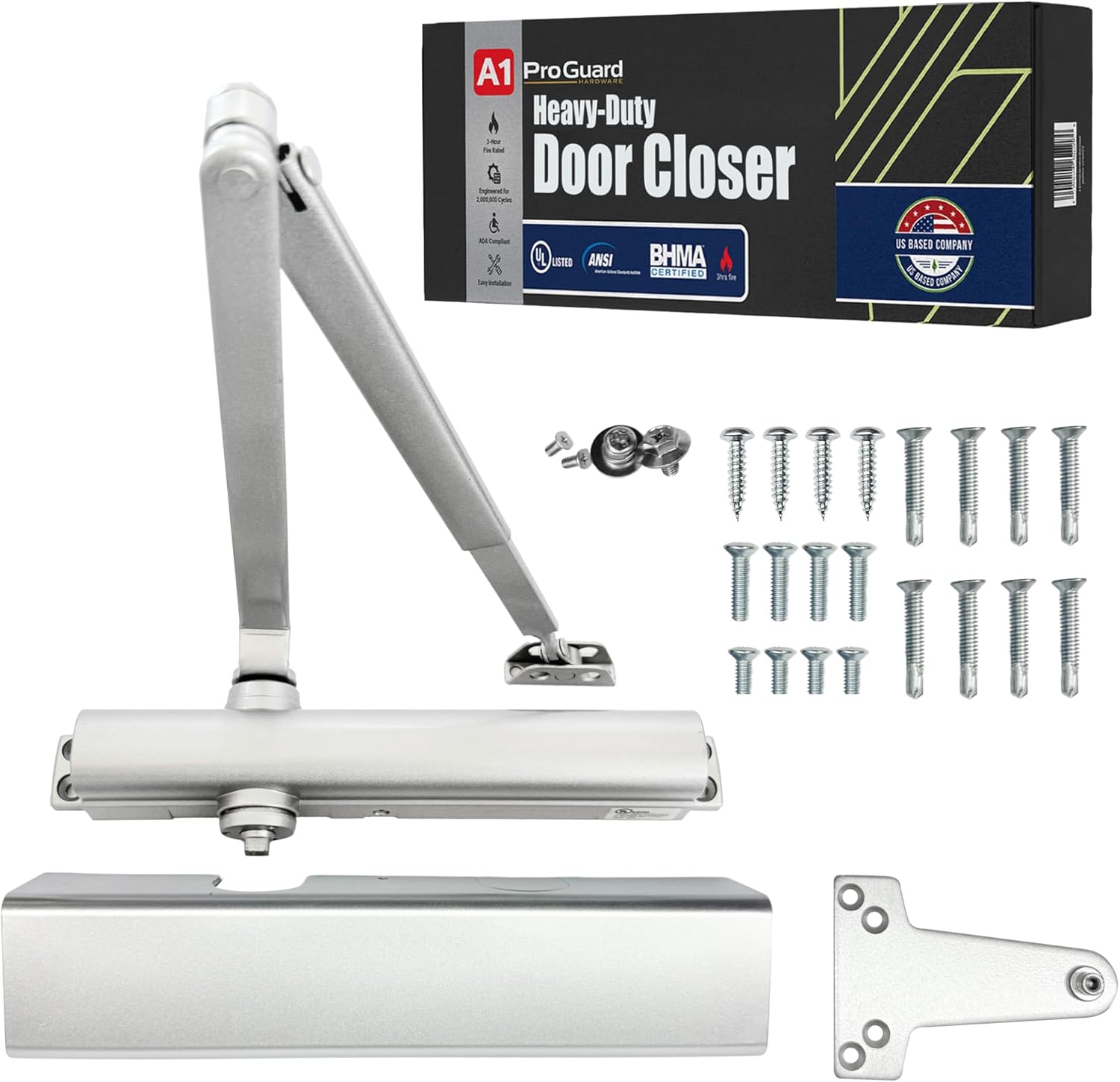 A1 ProGuard Commercial Heavy Duty Automatic Door Closer, ADA UL Grade 1 Listed Self Closing Door Hinges, Door Closers Commercial High Traffic, Auto Door Closer, Hydraulic Spring Soft Close - Silver