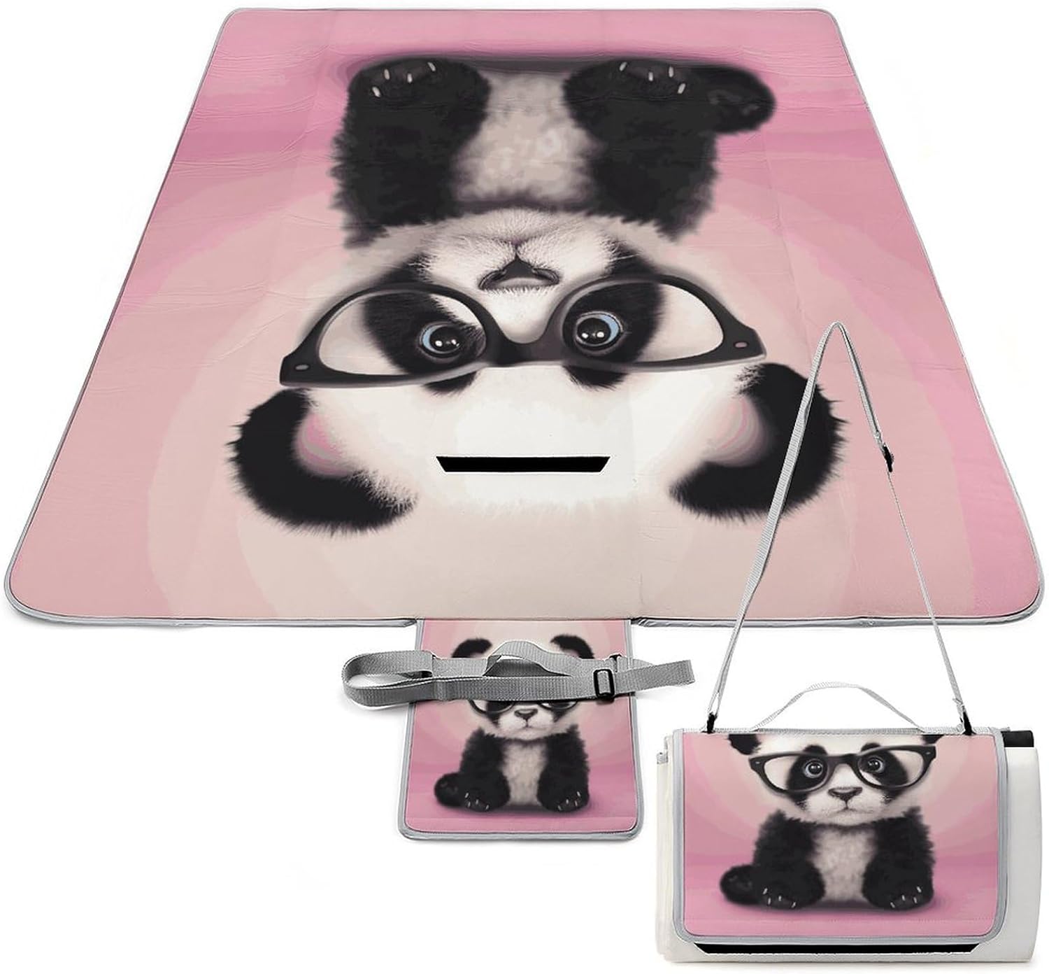Baby Panda with Glasses Waterproof Picnic Blanket 58.3''x58.3'',Portable and Foldable Picnic Mat with Handle,Outdoor Blankets for Lawn Park Beach Travel