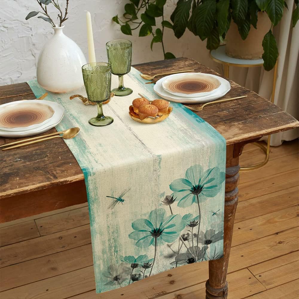 Teal Flower Table Runner, Vintage Farmhouse Country Floral Rustic Wood Table Runners for Dining Room, Kitchen, Living Room, Holiday and Party Table Decor 13 x 72inch