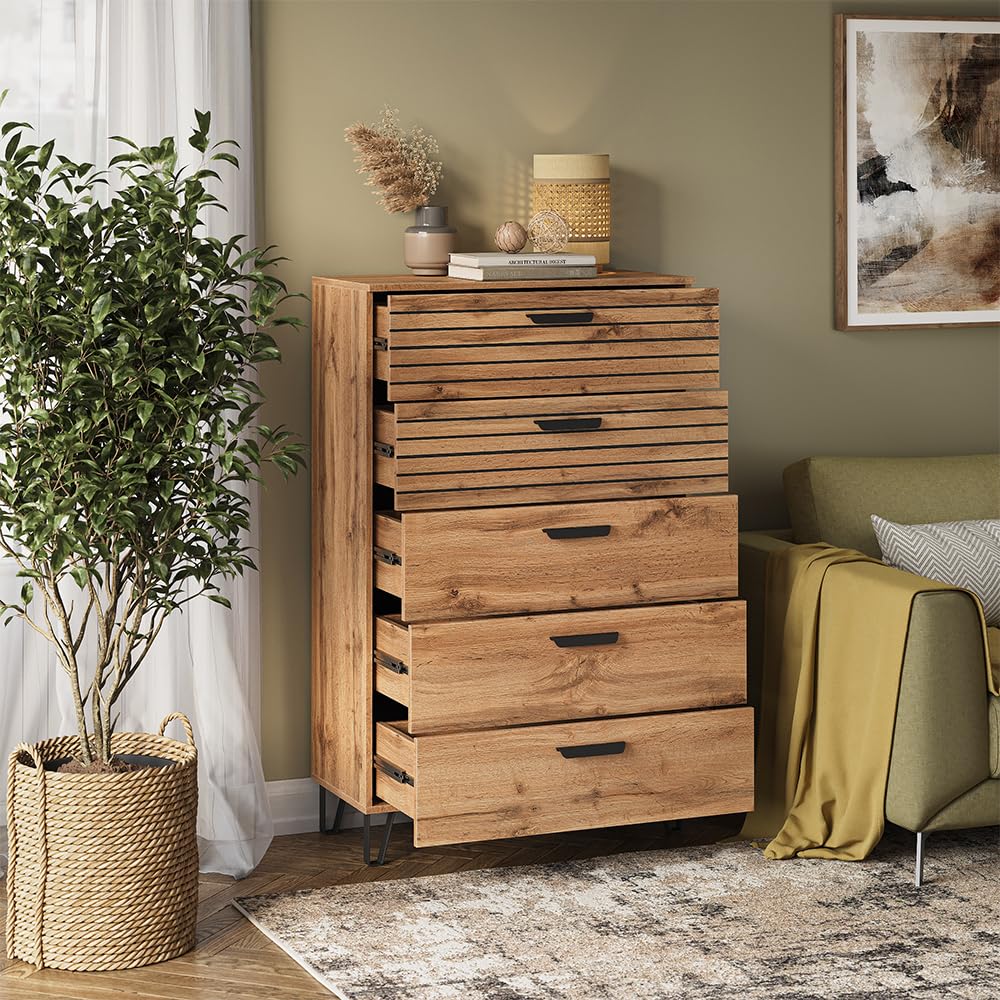 Vicco Cassettiera per camera da letto Amber, Quercia Wotan, 80 x 127.6 cm con 5 cassetti, con vano portaoggetti per spazio aggiuntivo