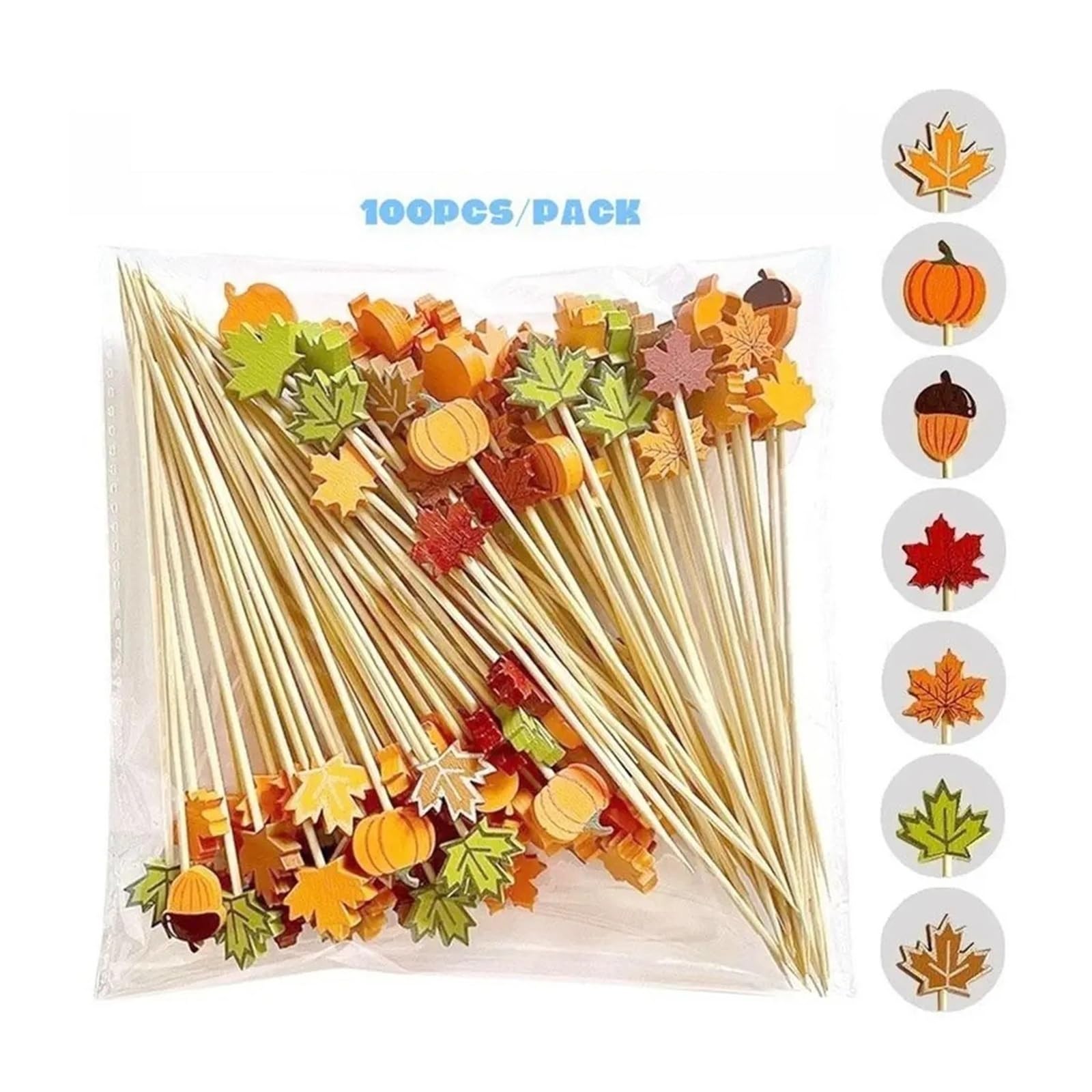 100 Uds. Palillos de cóctel otoño, palillos dientes, palitos fruta, brochetas hojas arce(A1)