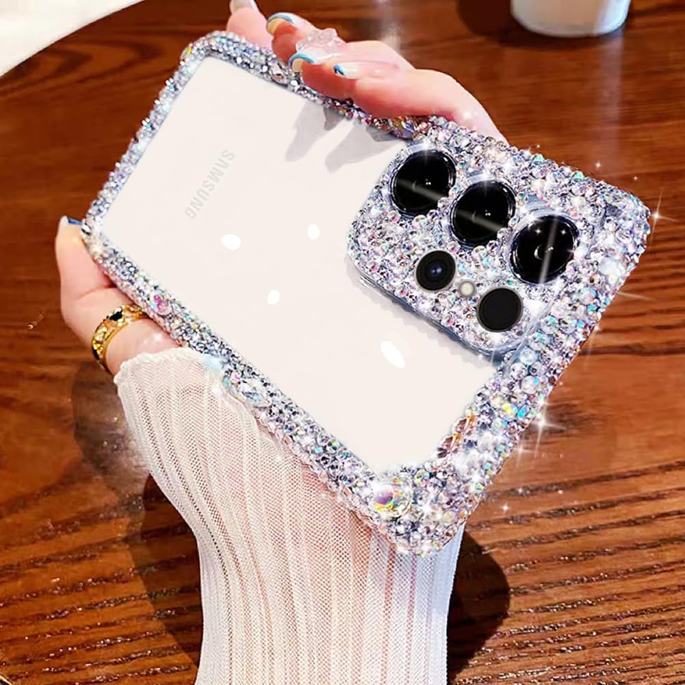 Cavdycidy Compatible with Samsung Galaxy S23 Ultra Bling Clear Case for Women,Glitter Phone Case with Sparkle Rhinestone Diamond Camera Protection，Airbag Anti-Fall Crystal Hard Cover for Girl