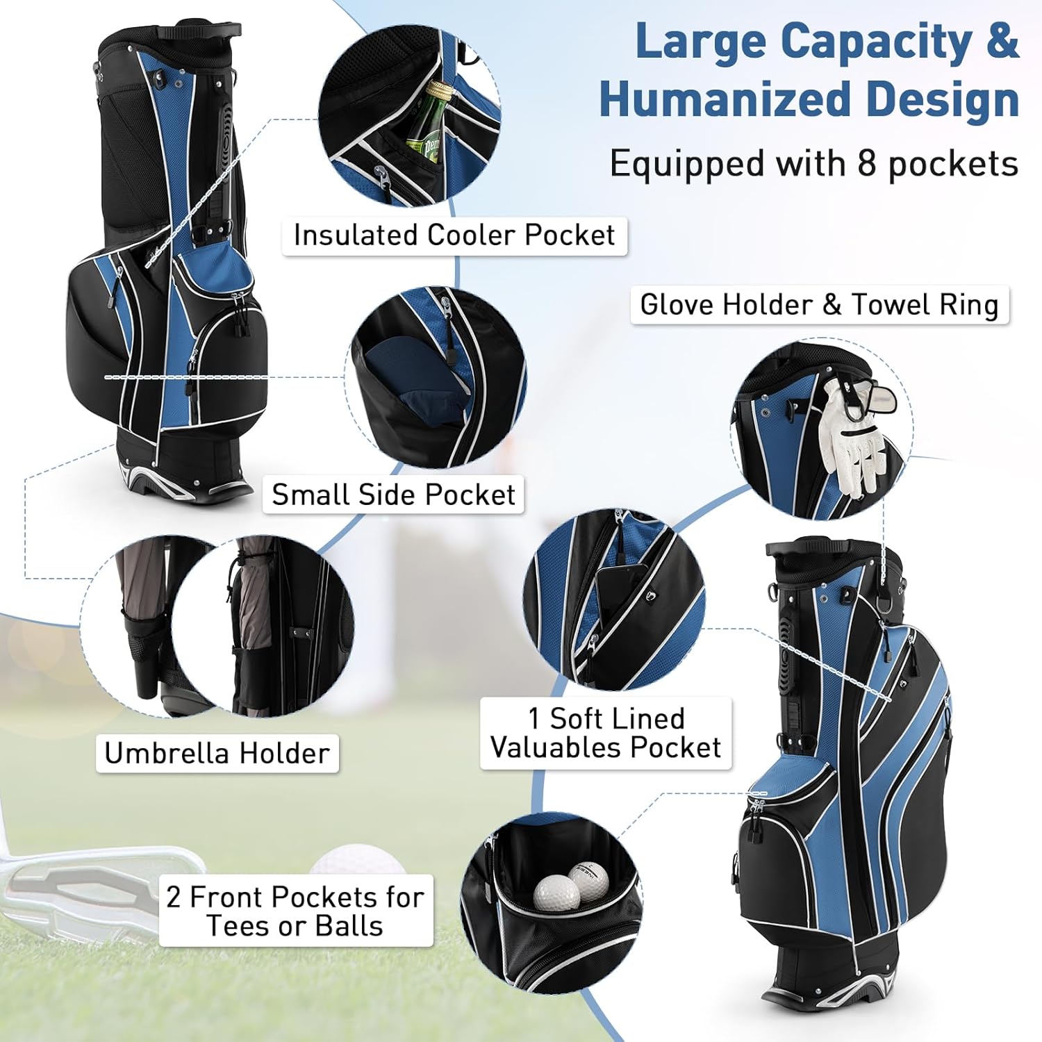 Golf Stand Bag with 6 Way Dividers, Lightweight Golf Club Bag w/ 8 Pockets, Rain Hood, Ergonomic Straps, Portable Golf Bag for Men Women