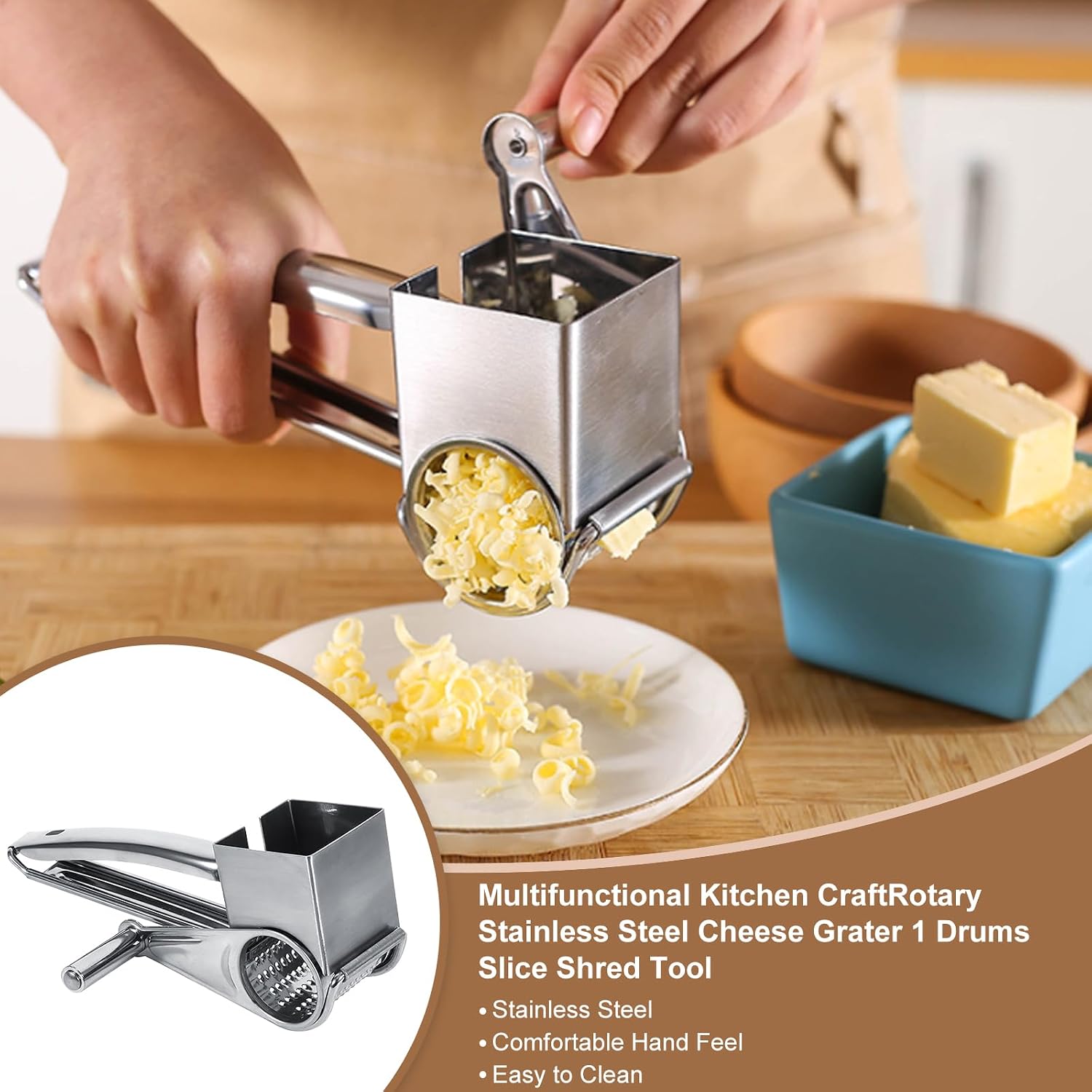 WALFRONT Stainless Steel Cheese Grater Manual Rotary Cheese Grater Handheld Cheese Cheese Shred Tool