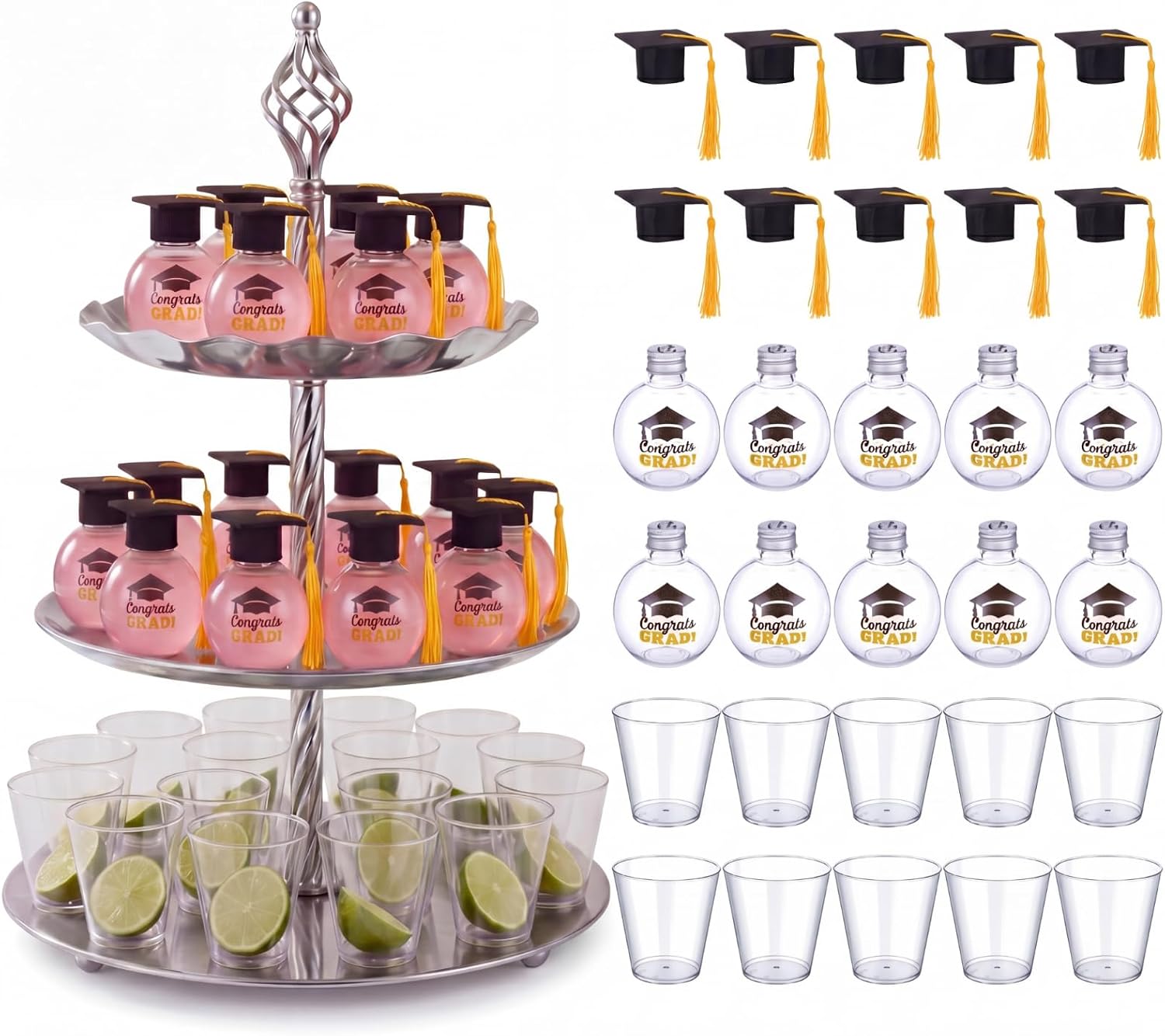 30 Set Graduation Fillable Drink Balls, Mini Felt Graduation Caps with Tassels and 9 oz Plastic Clear Cups, Hanging Graduate Party Ornaments for Holiday Celebration Decoration (Yellow)