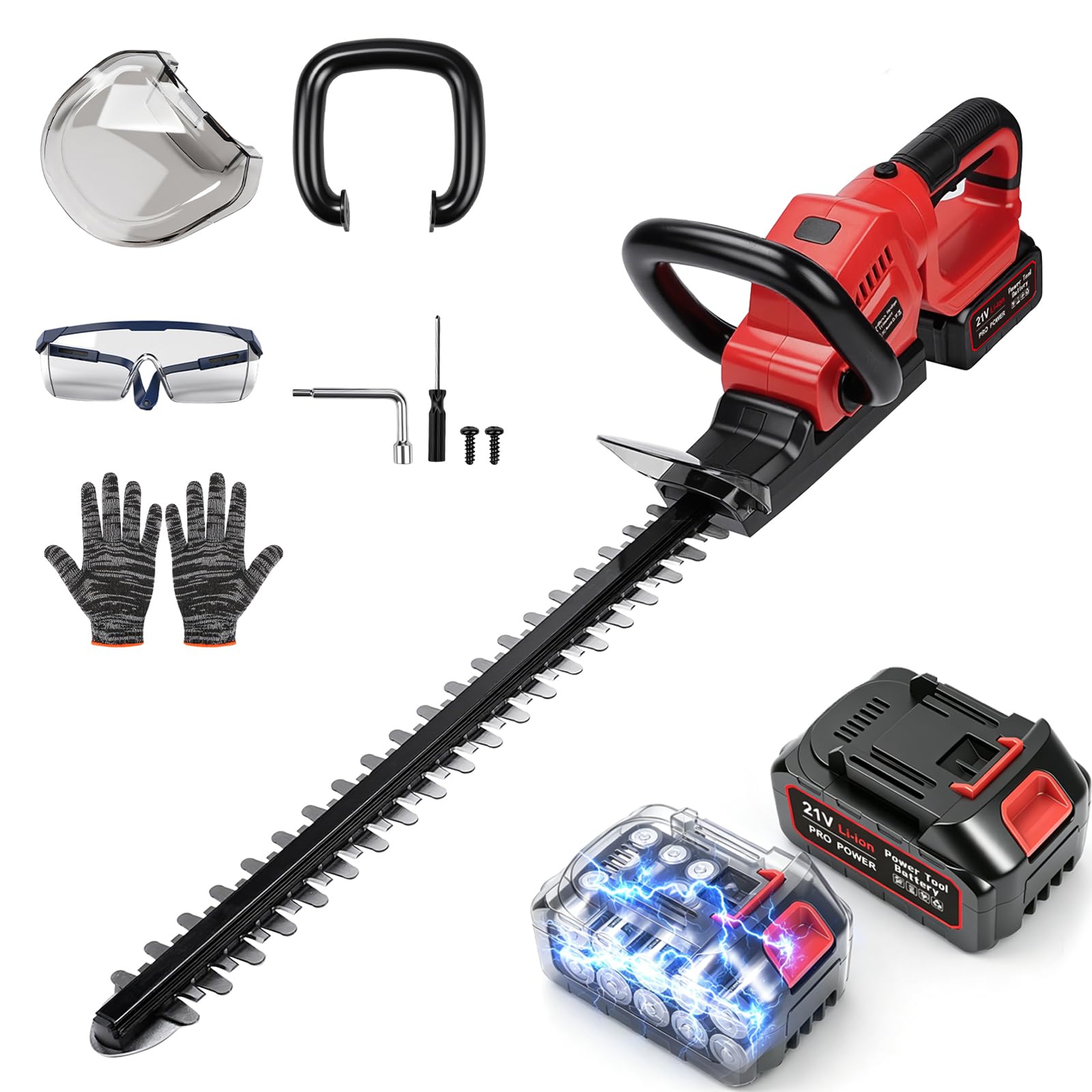 Cortasetos con batería, 21 V, 850 W, cuchillo de 20 pulgadas con distancia entre dientes de 18 mm, mango giratorio de 180°, doble interruptor de seguridad, incluye 1 batería ideal para arbustos, setos