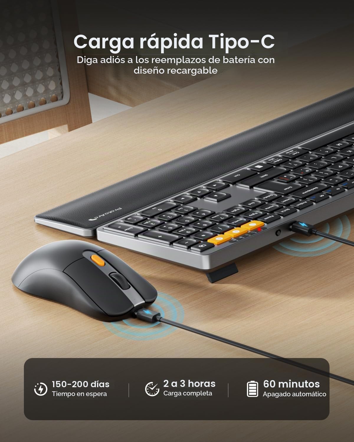 ProtoArc Teclado y mouse inalámbricos Bluetooth, teclado KM60 de tamaño completo con reposamuñecas, recargable, 2.4 GHz + Bluetooth dual, para laptop, PC, Mac, Windows, diseño QWERTY UK, gris espacial