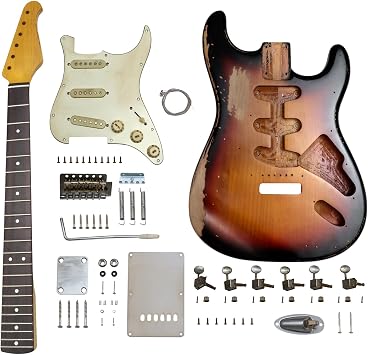 DIY Electric Guitar Kit ST Style Heavy Relic Aged Vintage with Alder Body Hard Maple Neck Rosewood Fingerboard S-S-S 6 String Relic CR Hardware Build Your Own Guitar Relic 3 Tone Sunburst.