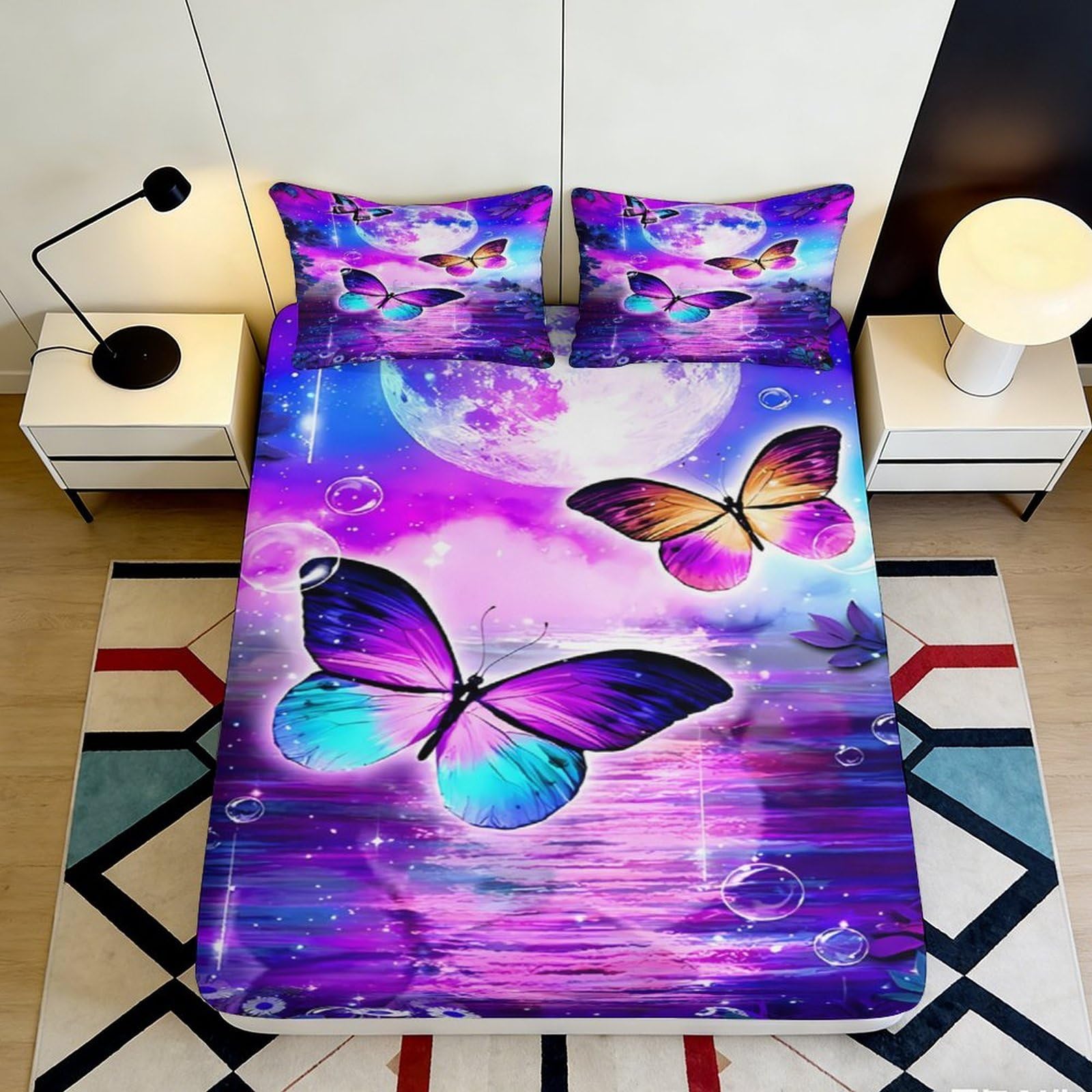 3D Printed Dream Butterfly Fitted Sheet Microfiber Deep Pocket Bedroom Bedding Butterfly Mattress Fitted Cover Non-Slip Washable 200x200x25cm