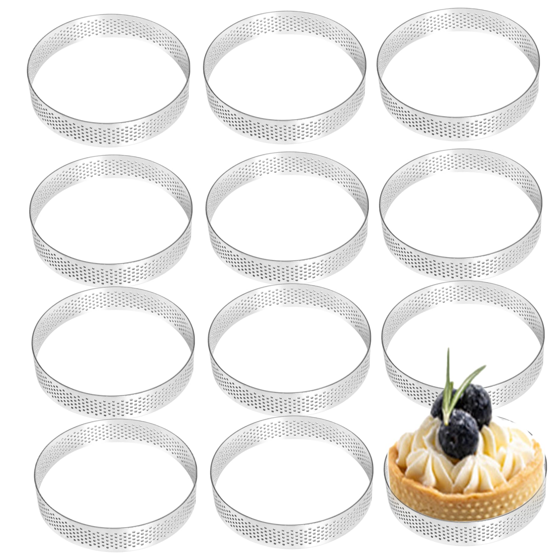 Vistnale Tart Rings|Tart Rings 12Pcs Crumpet 3.2'' Baking Nonstick Cake Perforated Ring Stainless Steel Mousse for Baking Dessert Crisp Tarts