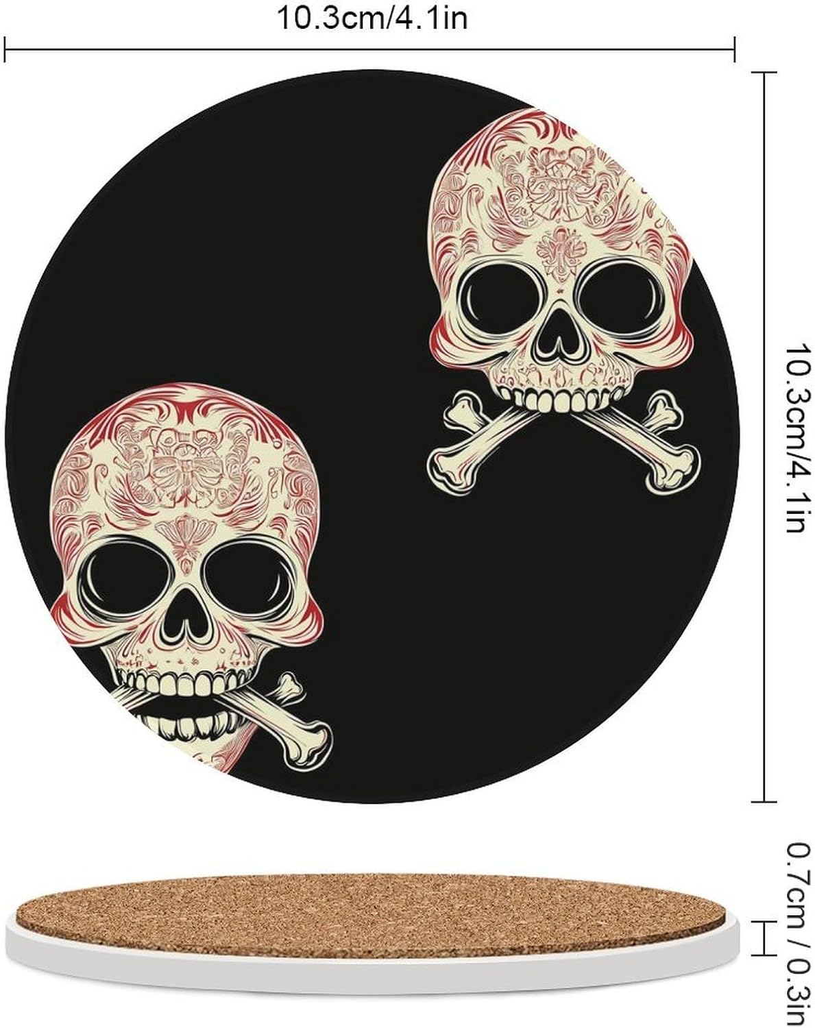 Skull Printed Coasters for Drink Round Ceramic Coaster with Cork Base Home Decorative 4PCS