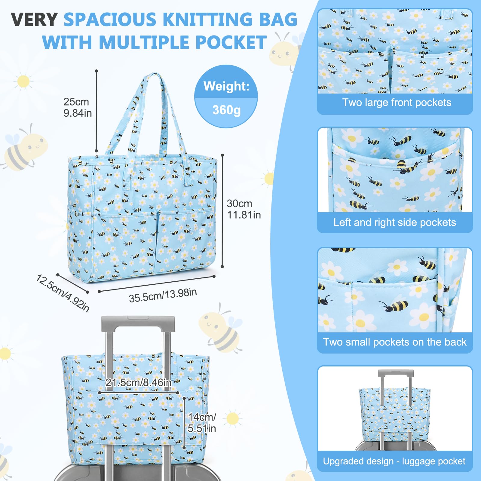 Aeelike Knitting Bag Blue Bee, Large Knitting Tote Bag, Portable Crochet and Knitting Project Travel Bag, Yarn Storage Bag - Image 2