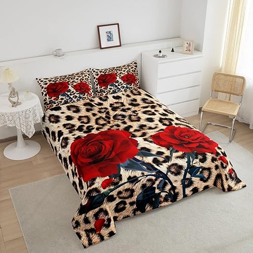 Miniatura 3 de Juego de edredón de flores de rosas para adolescentes y adultos, regalo de boda, juego de ropa de cama con estampado de leopardo, tamaño Queen,