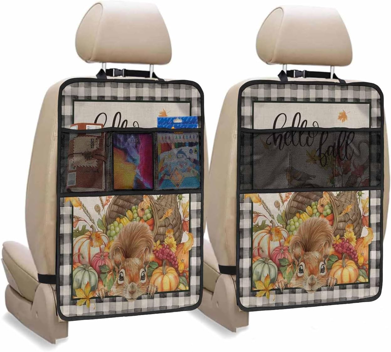 Car Seat Protector, 2 Pack Kick Mats with Organizer 3 Pocket Storage, Fall Thanksgiving Day Pumpkins Squirrel Black Buffalo Plaid Back Seat Cover for Kids Universal Fit Automotive Interior Protectors