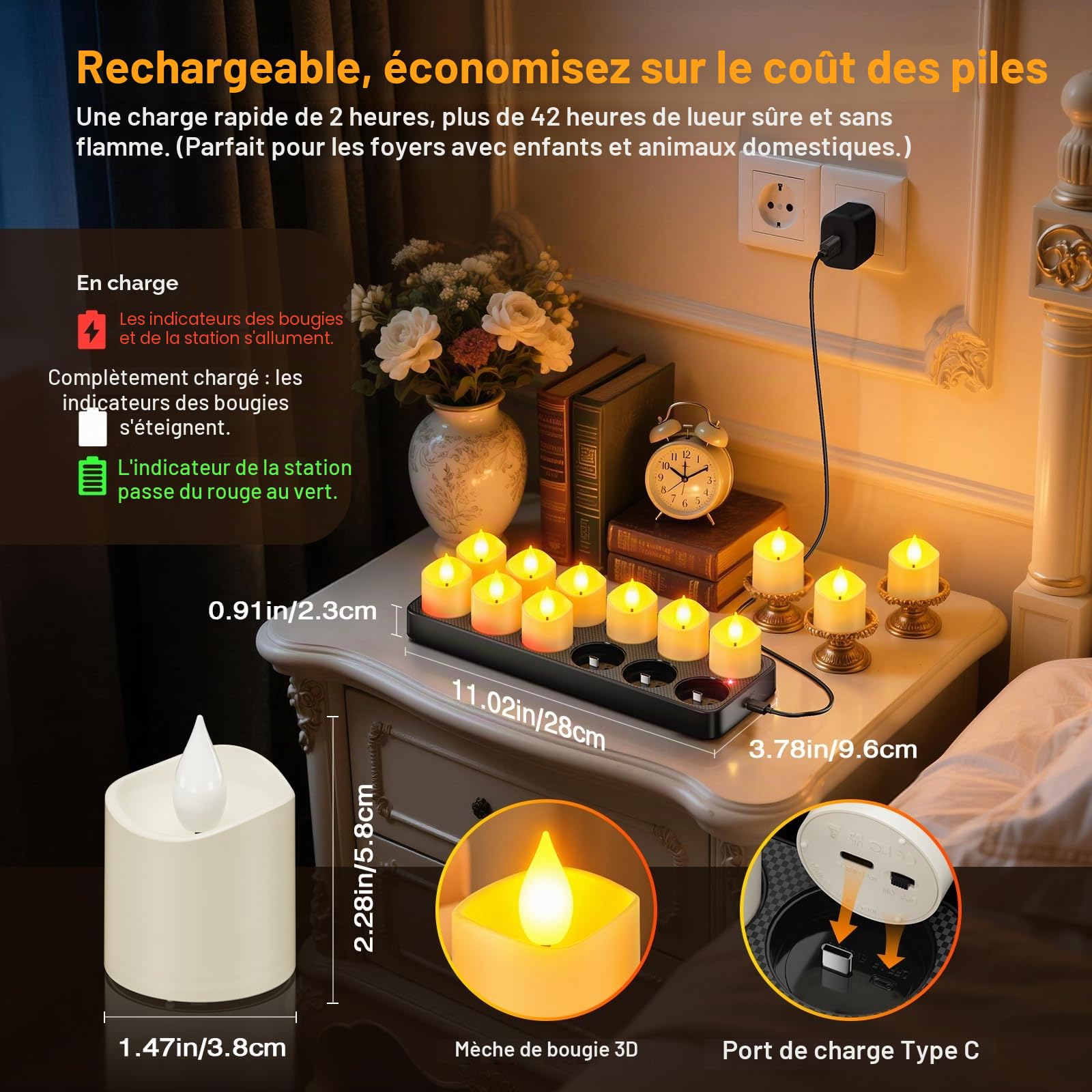 Yme Bougie Chauffe Plat LED Rechargeable avec Station de Recharge, 12 Fausse Bougies à LED Flamme Vacillante Bougie Decorative Electrique avec Télécommande pour Deco Noel Anniversaire Maison Chambre