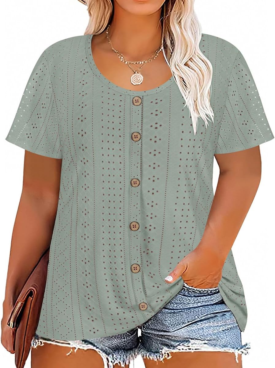 RITERA Plus Size Tops for Women Crewneck Neck with Button Up Short Sleeve Embroidery Henley Tshirt Casual Basic Shirt XL-5XL
