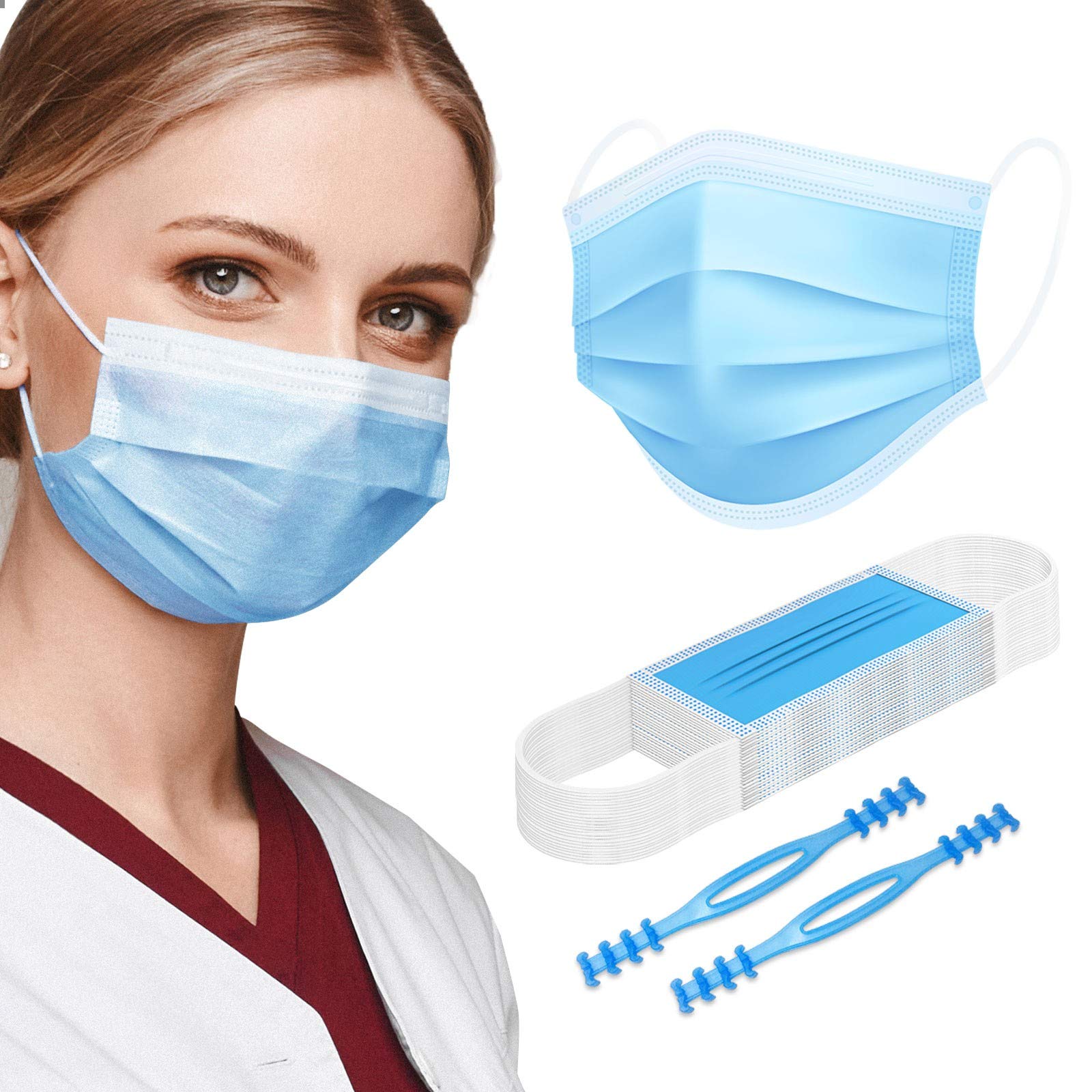 Disposable Face Masks, 50PCS Disposable Face Masks Breathable Safety Masks Anti-haze Mouth Nose Cover with Elastic Earloop and Adjustable Lanyard Strap for Outdoor Indoor Office Sports