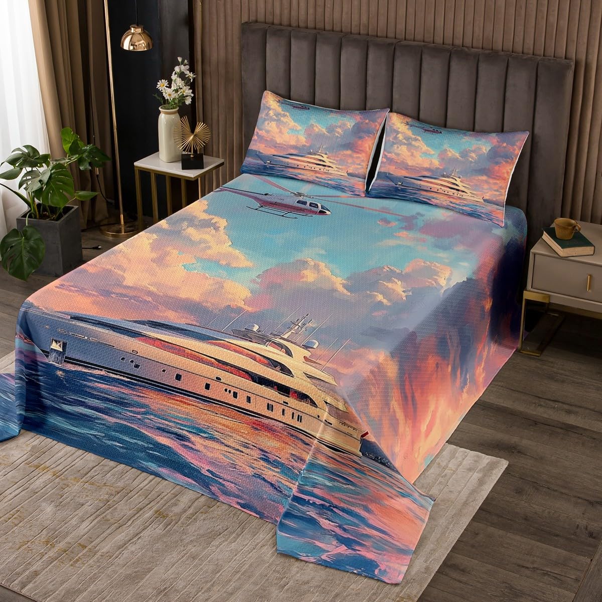 Ship Aircraft Bedspread Twin Size Romantic Coastal Scenery Coverlet Set Kids Bedroom Present Pink Gradual Clouds Decor Bedding Set Nautical Adventure Bedding with 1 Pillowcase