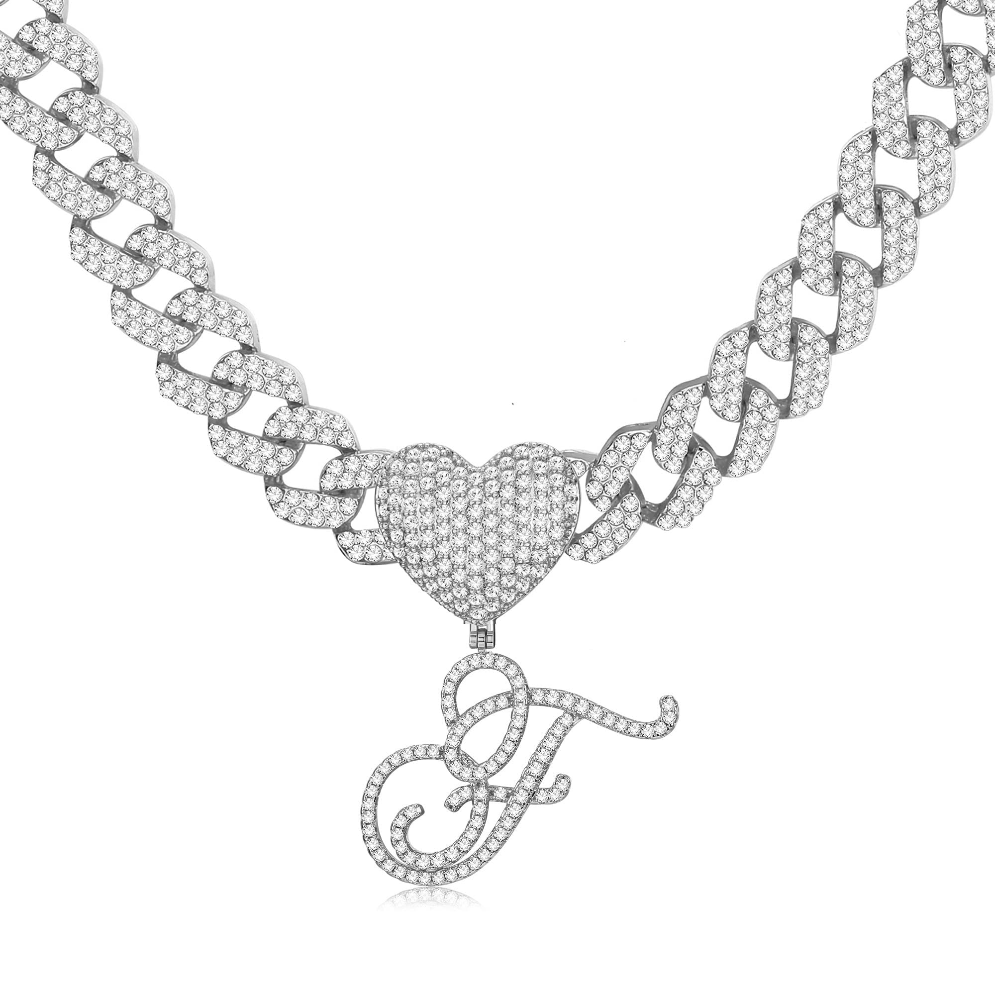 RoheaferCursive Silver Initial Pendant Necklace for Women Iced Out Cuban Link Chain for Women 18K Gold Plated Alphabet Letter Pendant Choker Hip Hop Chain Trendy Dainty Rapper Jewelry Gift