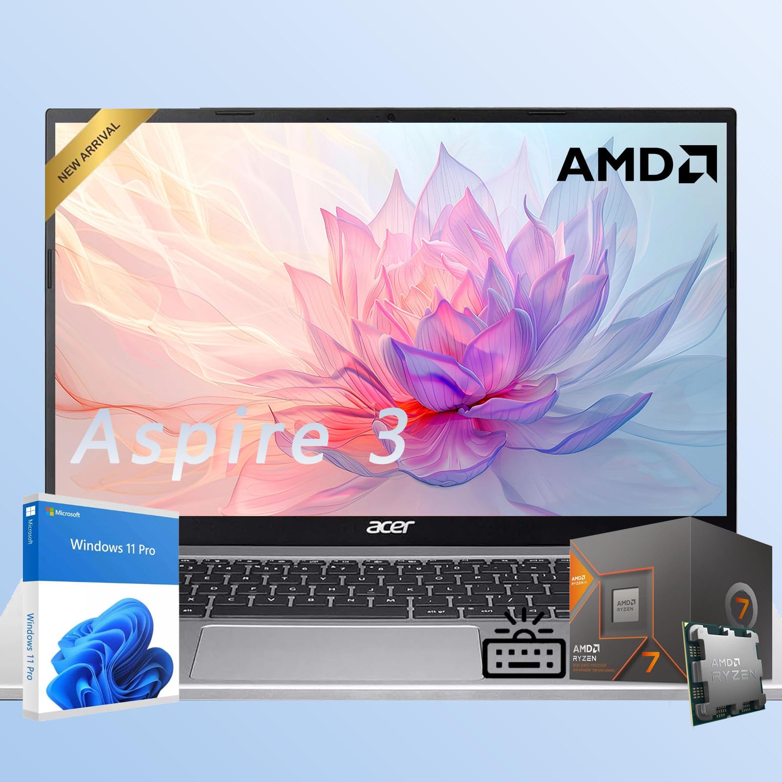 Aspire Premium Slim Laptop Computer with Backlit Keyboard - 15.6" Full HD IPS 1080P Display - AMD Ryzen 7 7730U Octa-Core Processor - 16GB RAM - 1TB SSD - Webcam - Wi-Fi 6 - Windows 11 Pro
