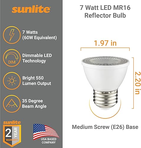 Miniatura 2 de Sunlite 80083 - Foco LED PAR16 empotrable de cuello corto, 7 vatios, (reemplazo halógeno de 60 W), 550 lúmenes, base mediana (E26), regulable,