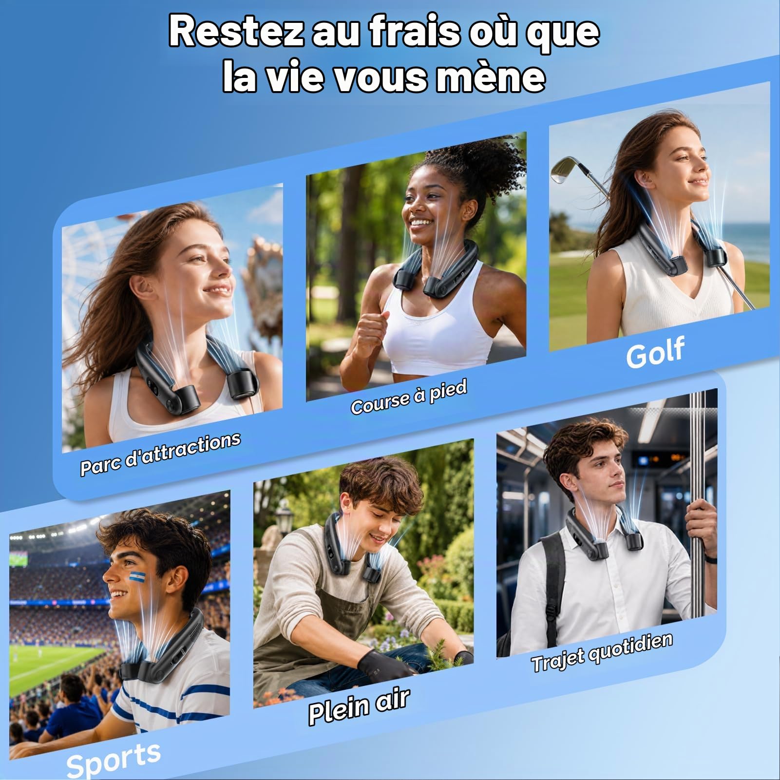 Ventilateur de Cou Climatiseur Mobile avec Plaques Rafraîchissantes, Affichage LED, Réglage de la Vitesse de 1 à 100, Sorties d'air Réglables, Batterie 6000mAh, pour Enfant & Adulte Bureau Voyage