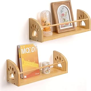 Gronda Kids Bookshelf Wooden Floating Book Shelves for Wall Set of 2 Nursery Shelves Wall Mounted Book Shelf Kids Room for Wall Decor Organizer Storage Small Hanging Shelf with Cat\'s Paw