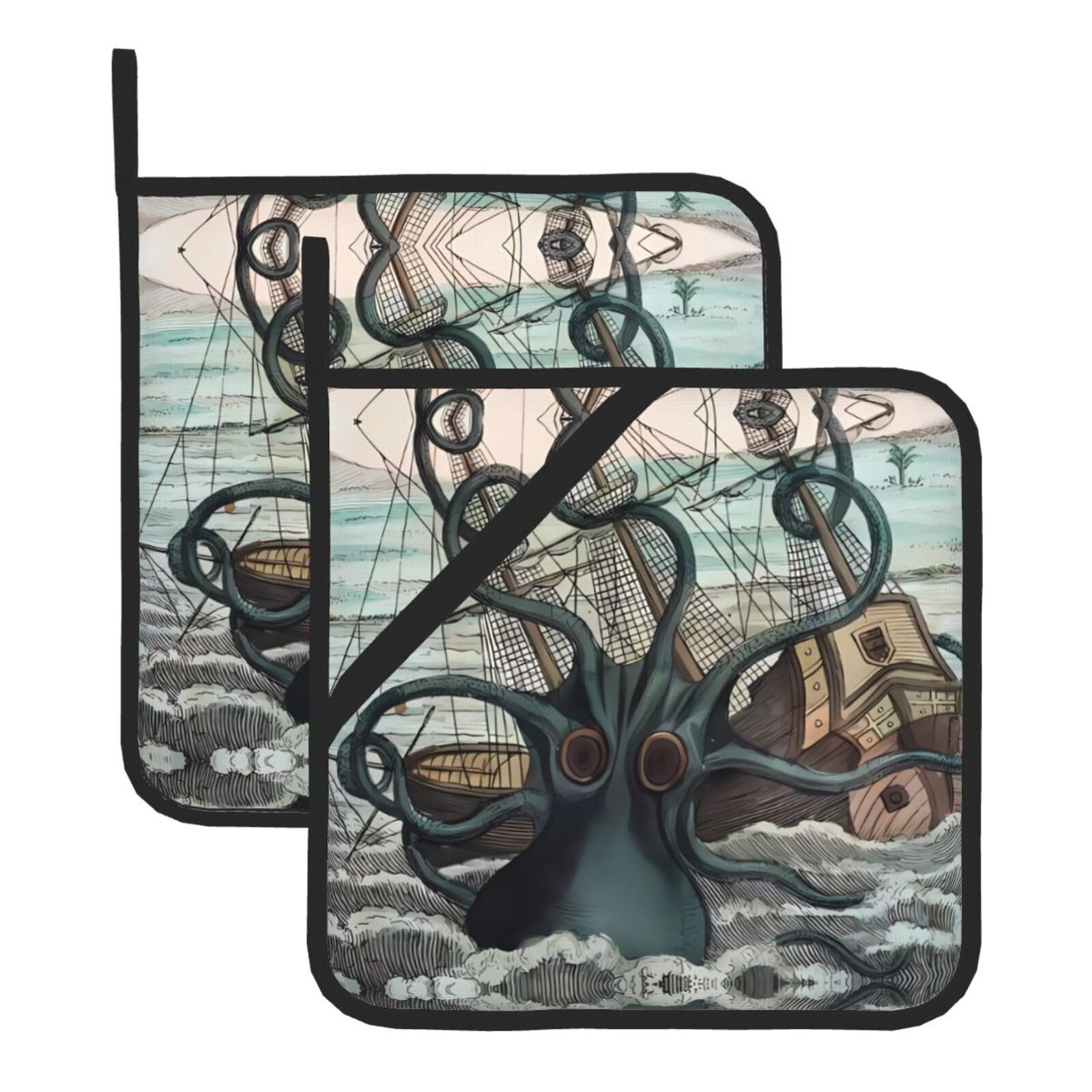 HJFCZH Octopus and boat Prints Square Hot Pads for Kitchen - Waterproof Heat Resistant Potholders, Thick Trivet Covers with Hanging Loops, Oven & Grill Dish Protectors (2-Pack)