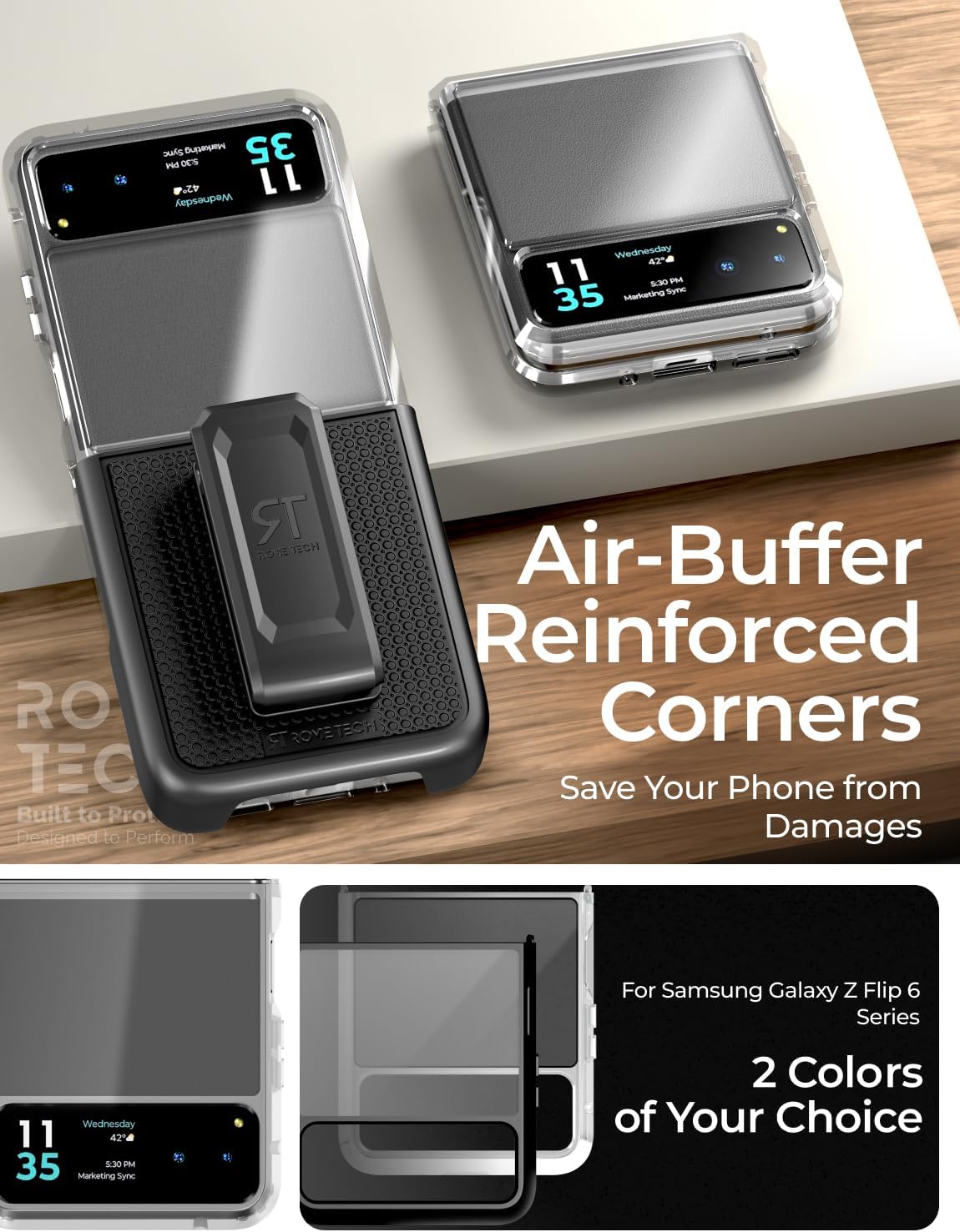 for Motorola Razr 40 / Razr 2023 Case with Belt Clip Holster & Clear Case with Flexible Hinge Rib - Clear