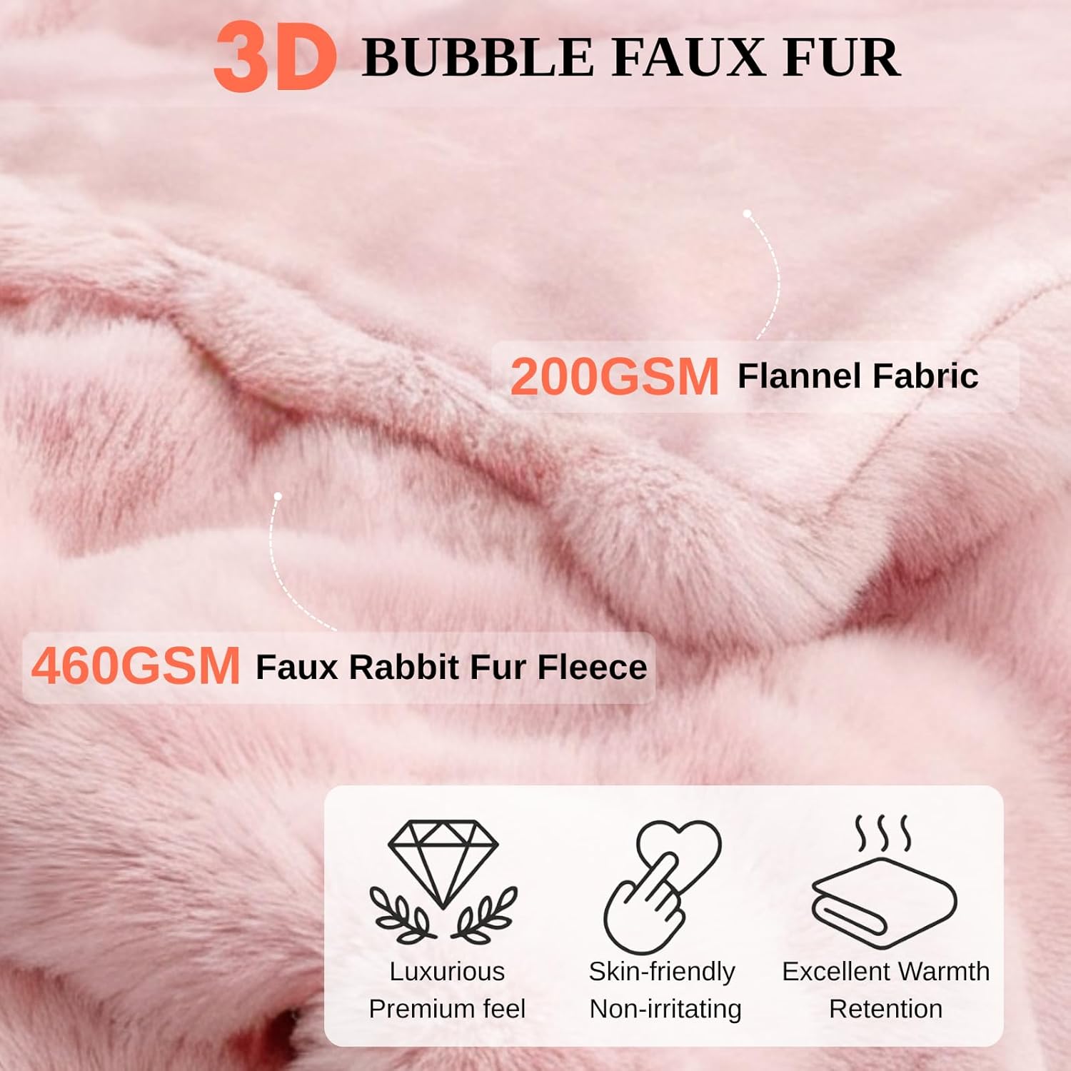 Electric Heated Blanket Throw 50"x60" Pink Ultra Soft Luxury Fluffy Faux Rabbit Fur Machine Washable 6 Heat Settings 4 Hours Auto Off Overheat Protection for Home Office Use - Image 4
