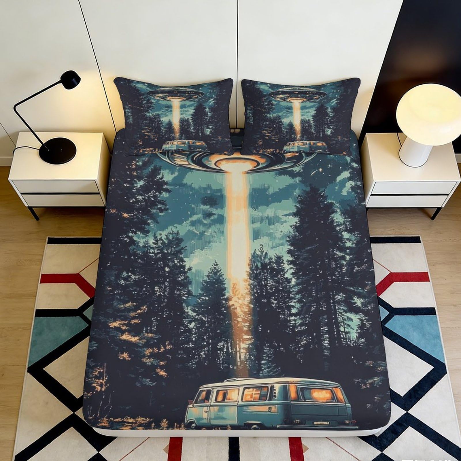 3D Printed UFO Forest Fitted Sheet Microfiber Soft Bedroom Camper Bed Cover Anti-Slip Washable Decor 90x200x25cm