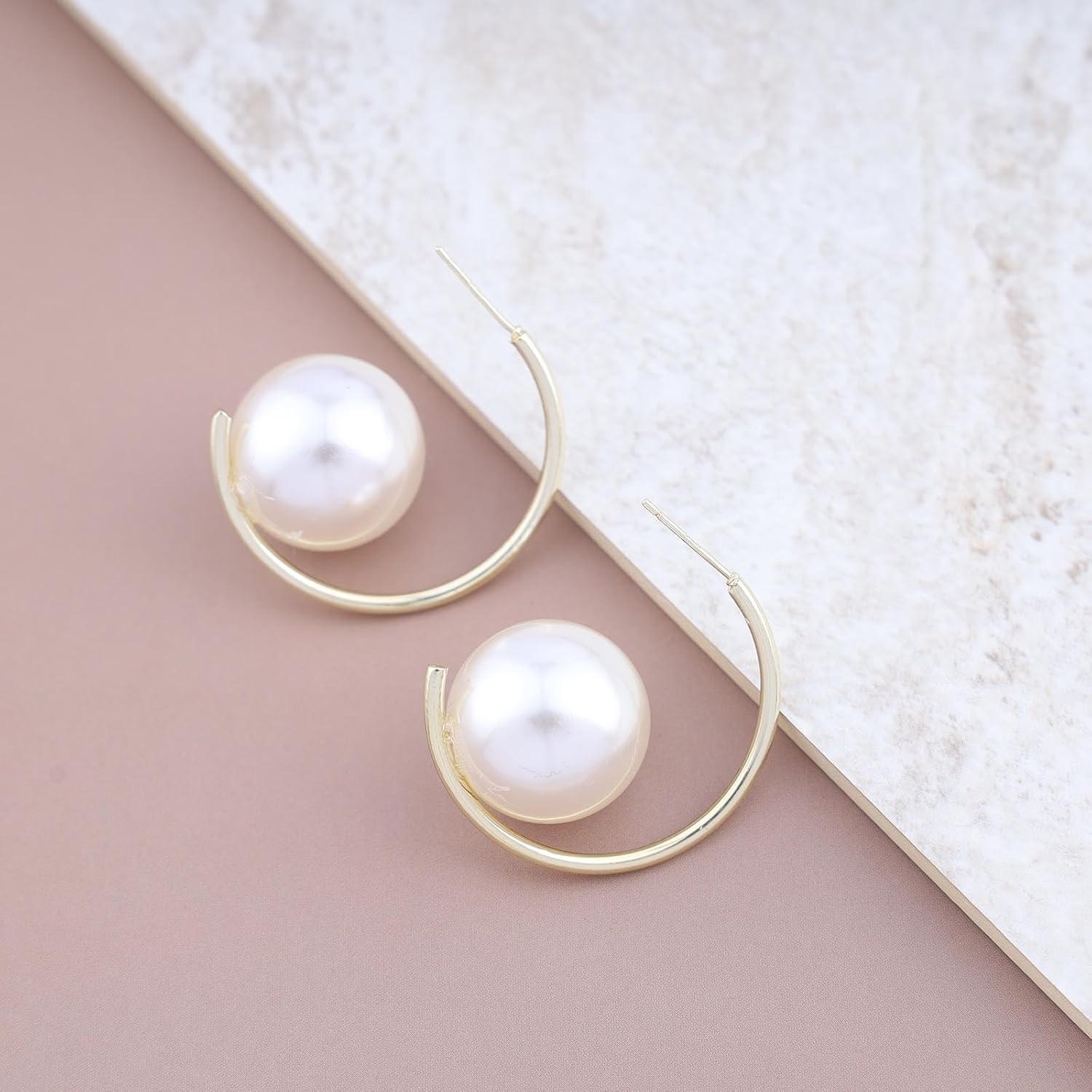 Large Whtie Pearl Earrings Round Pearl Hoop Earrings Single Pearl Dangle Earrings Pearl Open Hoop Earrings Wedding Birdal Earrings Jewelry for Women - Image 6