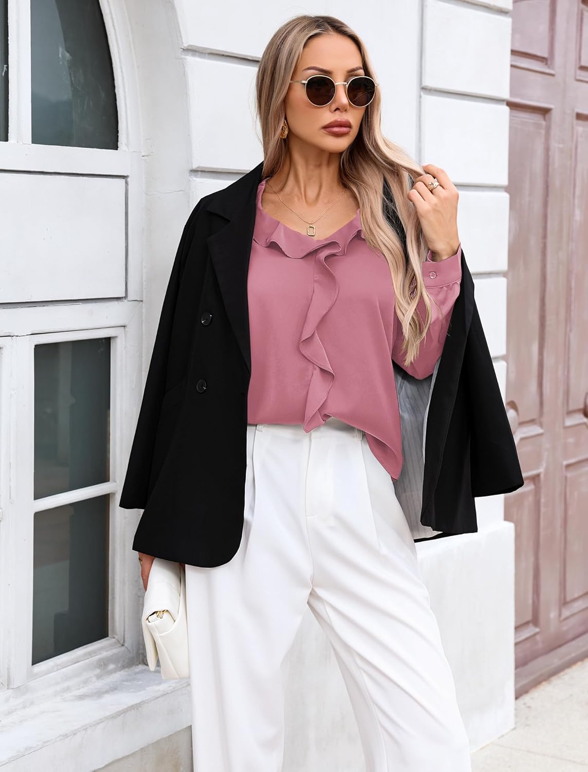 Halife Womens Dressy Casual Blouses Long Sleeve Business Tops Ruffle V Neck Trendy Work Shirts - Image 4