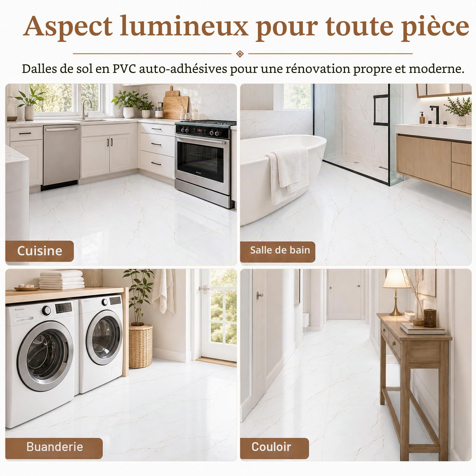 STARVAST Lot de 40 revêtements de sol en PVC - 30 x 30 cm - Blanc - Film de sol autocollant - Pour salon, salle de bain - 40 carreaux/3,6 m² - Marbre blanc