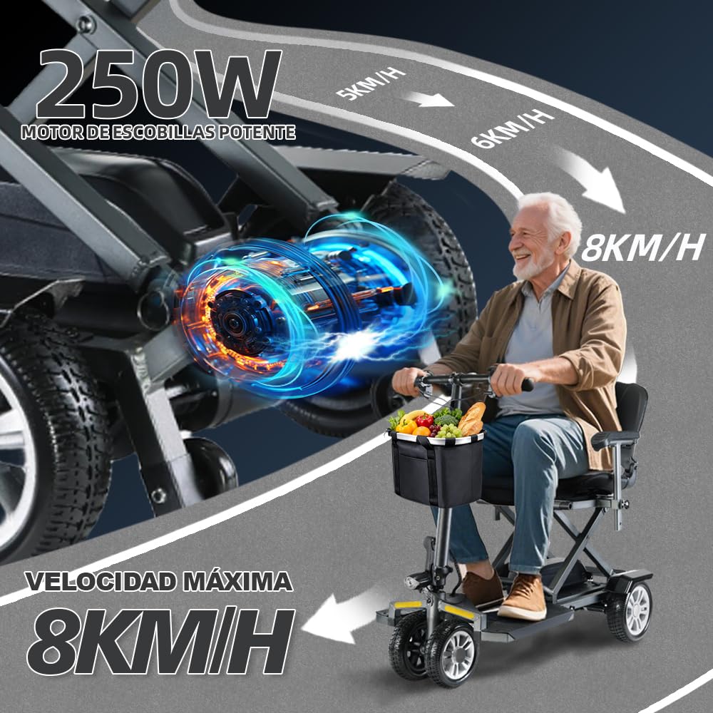 Scooter Minusvalidos Mobility Scooter Para Electrico Discapacitados Autonomía 24 km 8 km/h Plegable Scooter de Movilidad Carga Máx. 150 kg y Luces LED