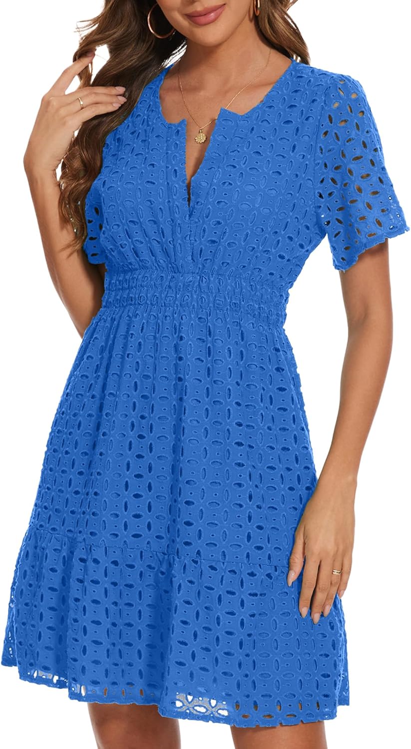 Women Summer Eyelet Lace Dress Casual V Neck Mini A Line Hollow Out Embroidered Formal Dress Sundresses - Image 3