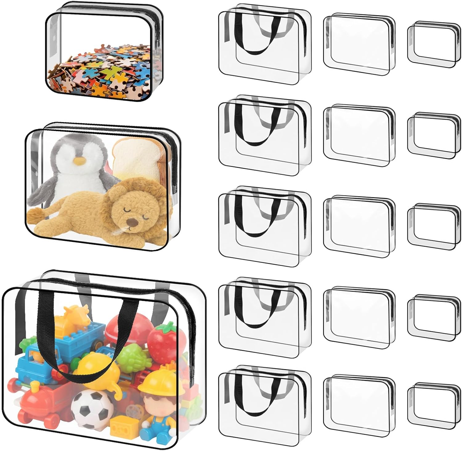 18 Pack Toy Storage Bags Clear PVC Board Game Storages 3 Size Waterproof Toy Bags With Zipper for Building Blocks, Puzzles, Small Toys and Kids Books