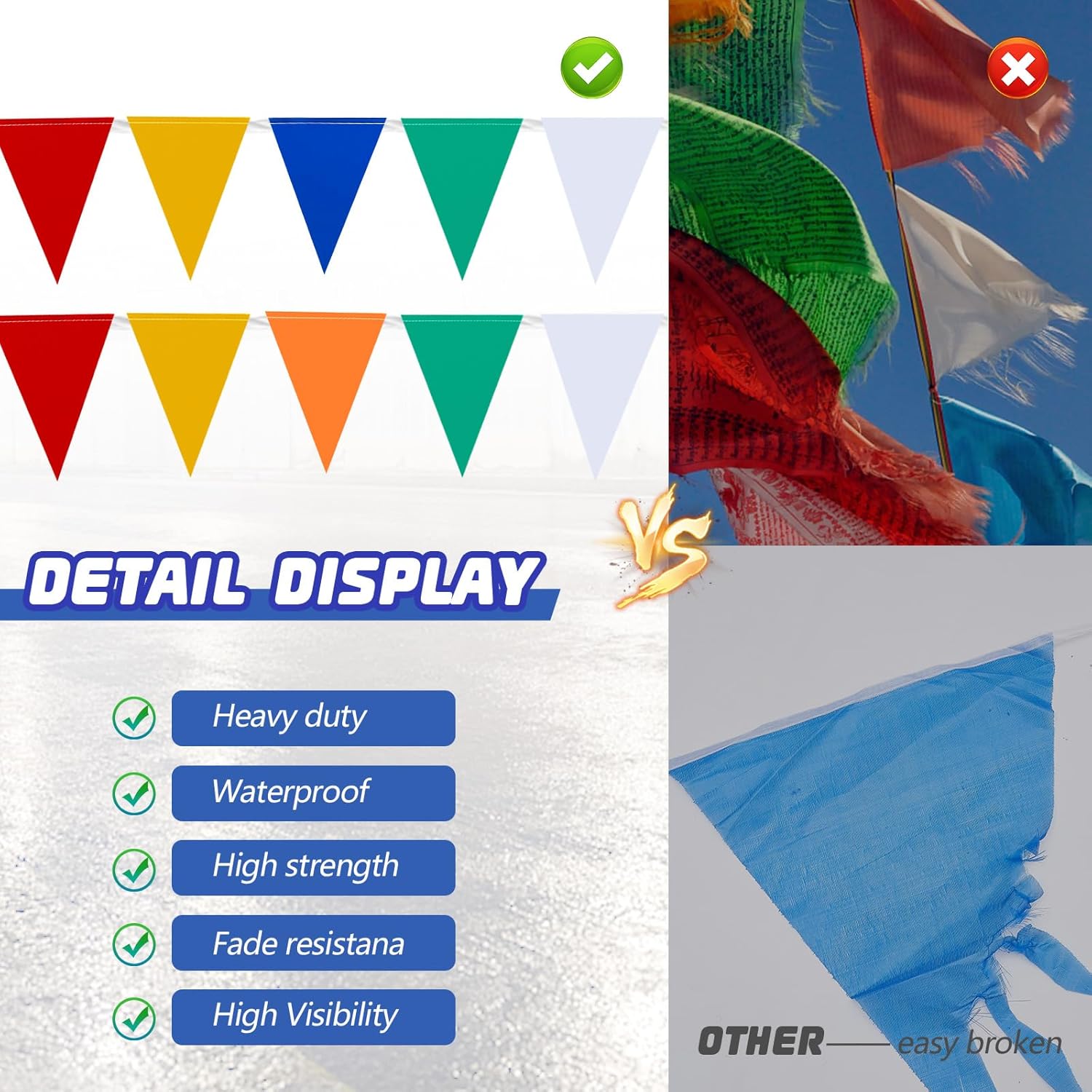 Preboun Pennant Banner Flags 102 ft Perimeter Marking Flags Safety Pennant Banner Strand Fade Resistant for Traffic Barrier Construction Warning of Hazardous Areas Scaffolding Sporting Events - Image 6