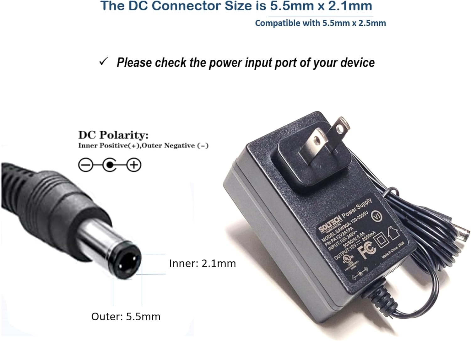SOLTECH 12V 2A AC DC Power Supply Adapter, 5.5 x 2.1/2.5mm, 100-240V 50/60Hz AC to DC 12 Volts 2000mA AC/DC Power Converter for CCTV Security Cameras DVR NVR LED Strip Lights, UL Listed
