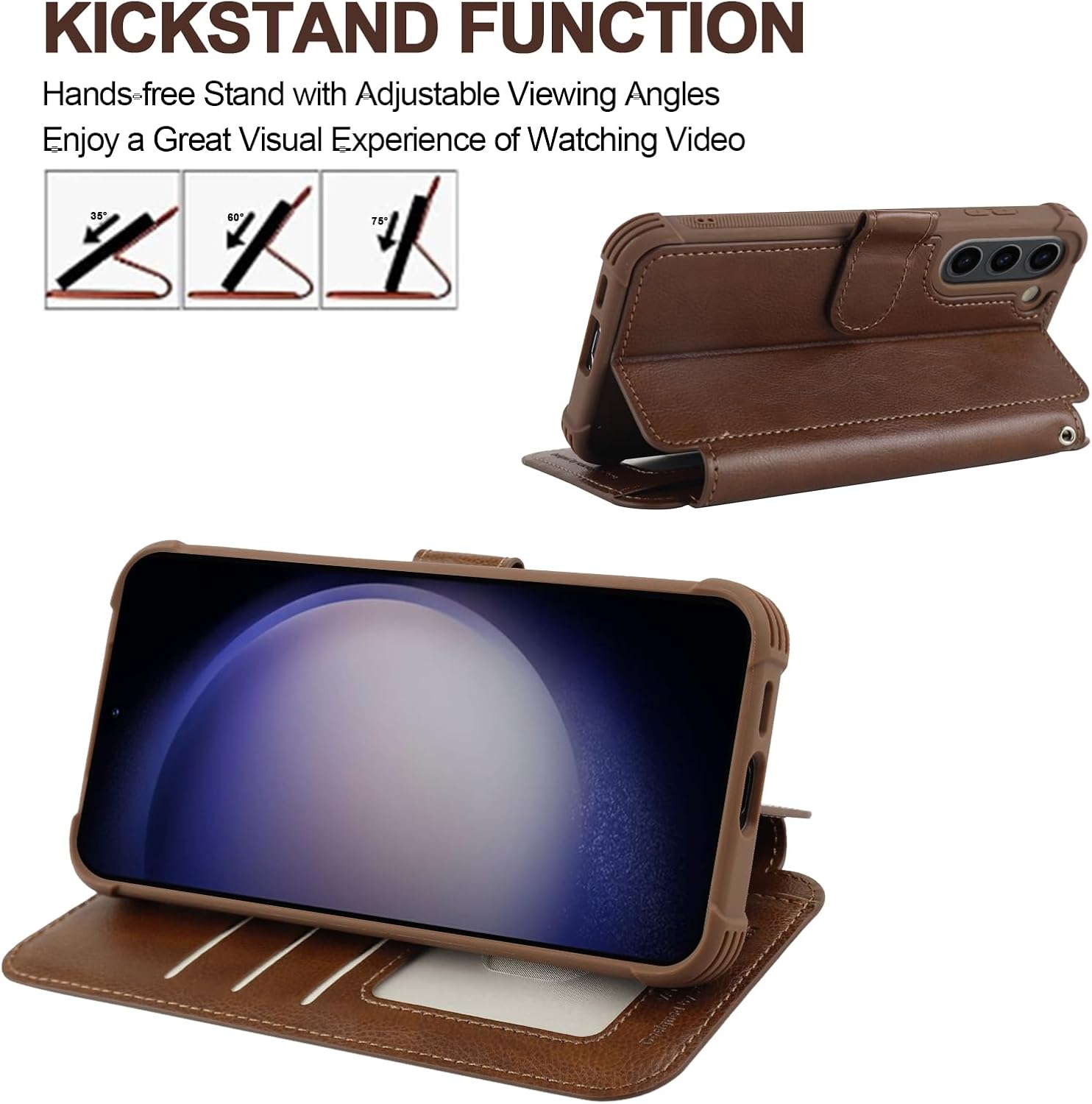 VANAVAGY Compatible for Galaxy S23 Wallet Case for Women Men, PU Leather Flip Cover with Wrist Strap for Wireless Charging with RFID Blocking Card Holder Screen Protector, Brown