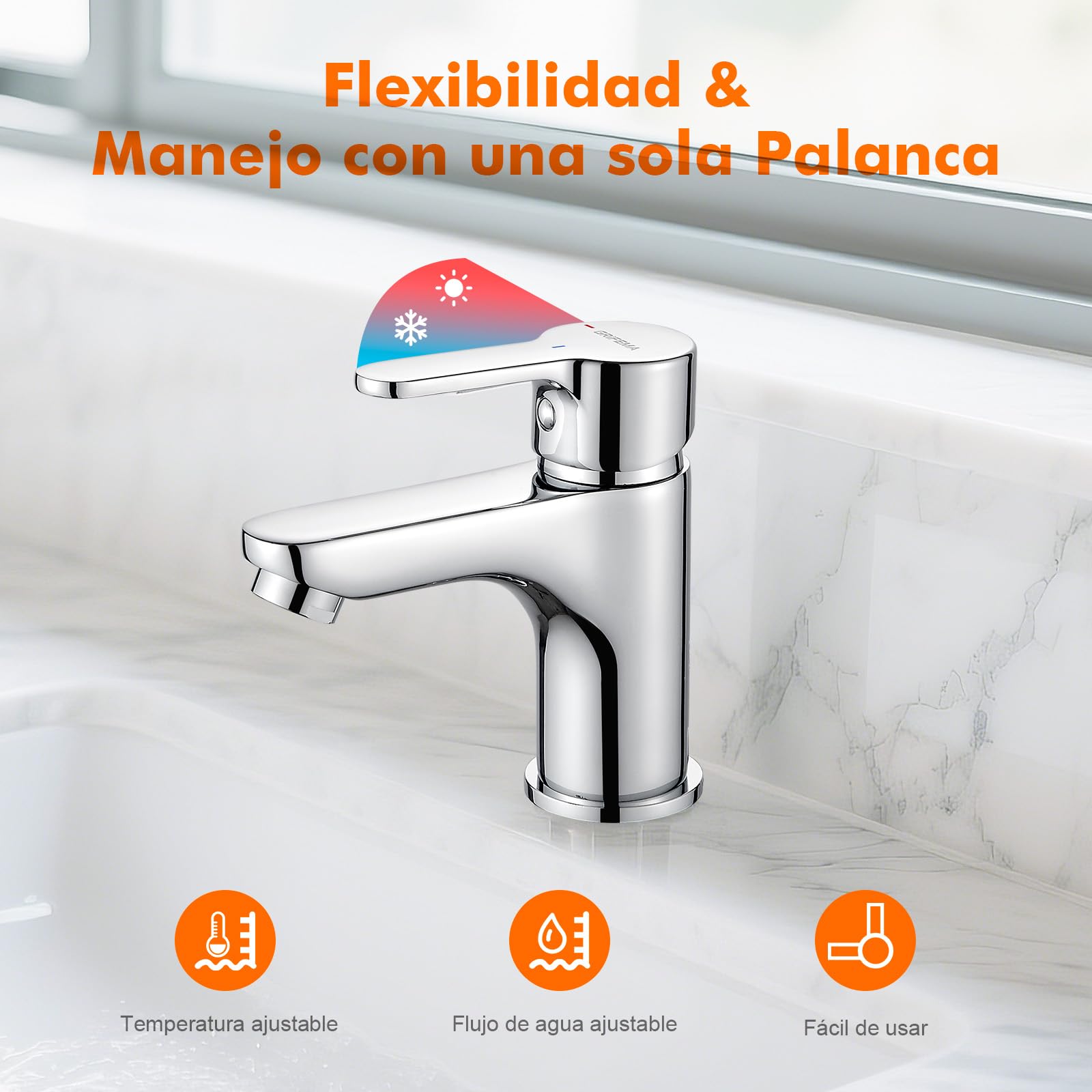GRIFEMA Grifo Lavabo Monomando para Baño, Latón Cromado Resistente, Agua Fría y Caliente, Cartucho Cerámico Silencioso, Instalación Fácil, Altura de Salida 74 mm, G11003