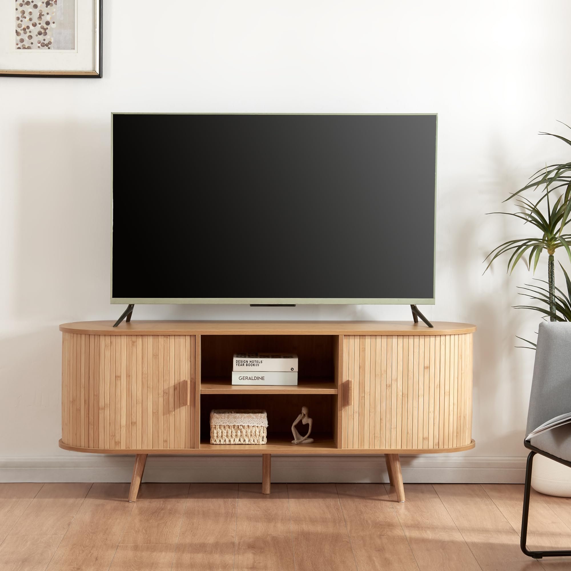 [en.casa] Aparador con Puertas Nordkapp Correderas Mueble de TV en Forma Ovalada Armario Multiusos 2-2 Compartimentos Cerrados y 2 Compartimentos Abiertos Bambú Madera 140x40x56 cm - Natural