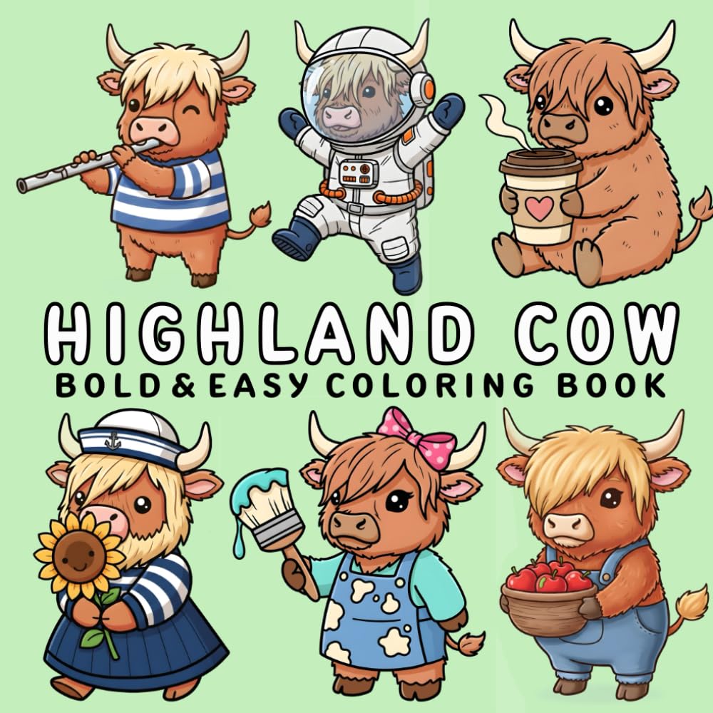 Highland Cow Coloring Book: +40 Adorable, Bold, and Easy Highland Cow for Stress Relief – Simple and Enjoyable Designs for Teens and Adults