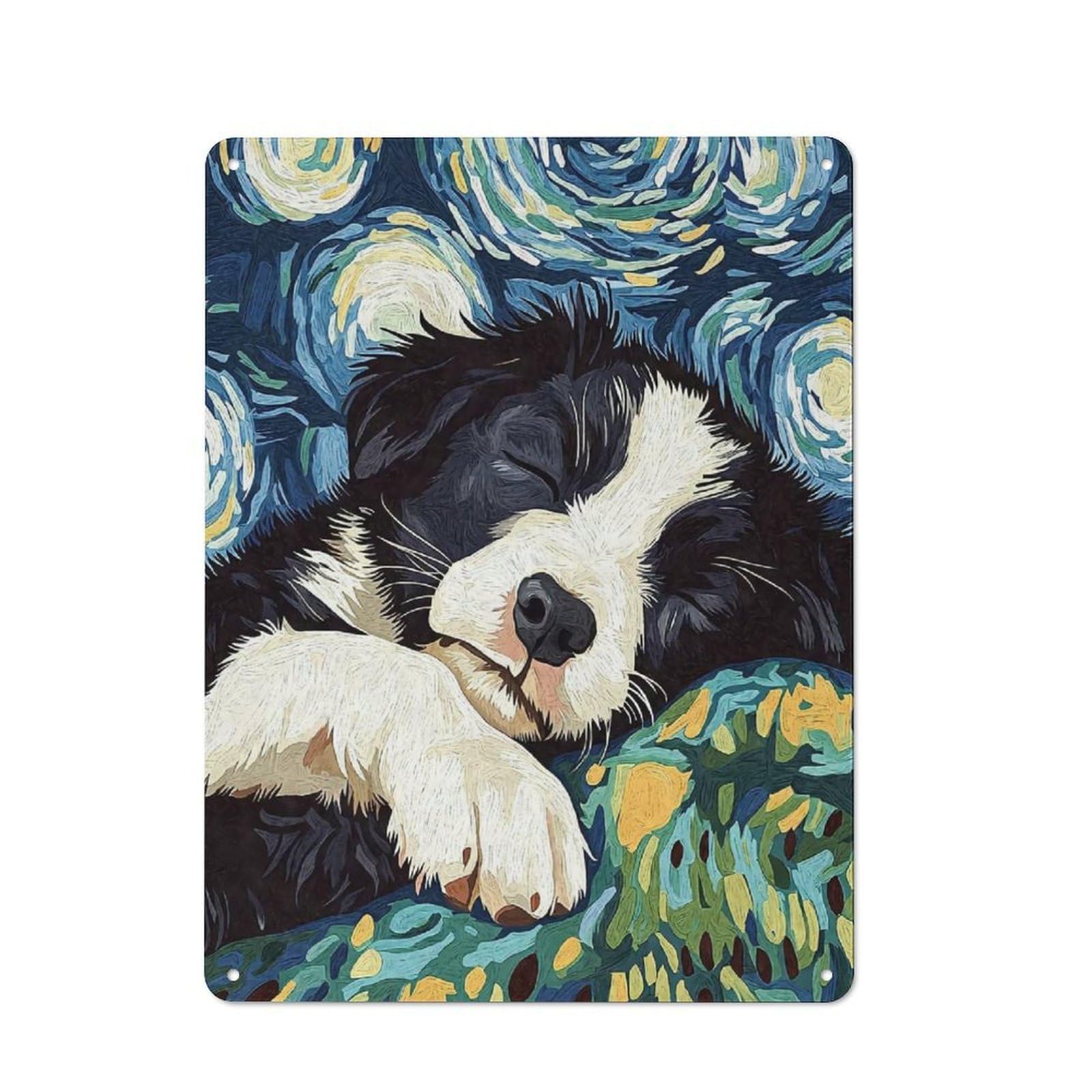 Junmoney Style-24 Rustic Tin Sign 40X30cm Featuring Sleeping Border Collie Starry Night For Garage Or Workshop, For Garage, Workshop And Man Cave Decoration