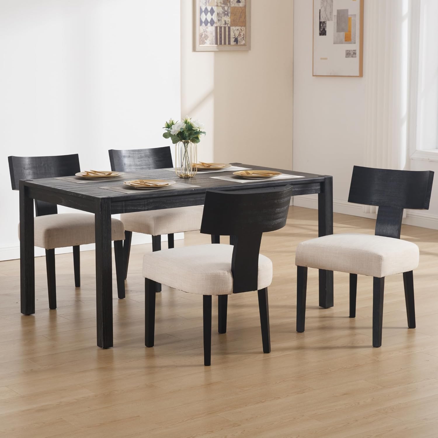 Farmhouse Dining Chairs Set of 4, Upholstered Black Wooden Chairs with T-Shape Back, Armless Kitchen Chairs Comfy Accent Chairs, Linen Beige