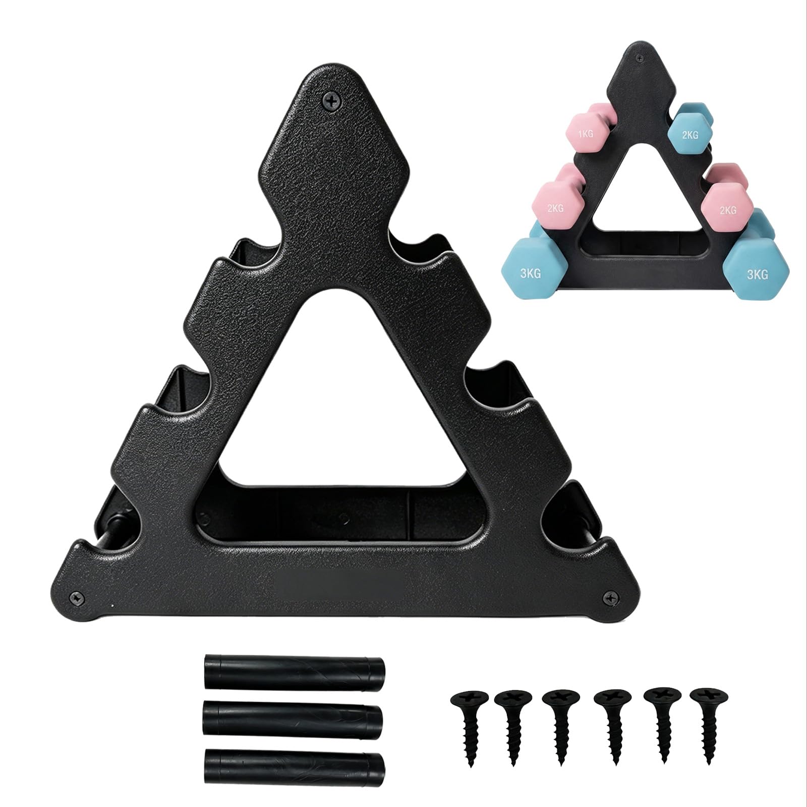Porta Manubri da Pavimento, Triangolare Supporto Manubri per Riporre 6 Manubri Piccoli Rastrelliera per Manubri Compatto e Salvaspazio Rastrelliera Pesi per Casa o Palestra, 1 Pezzo, Nero