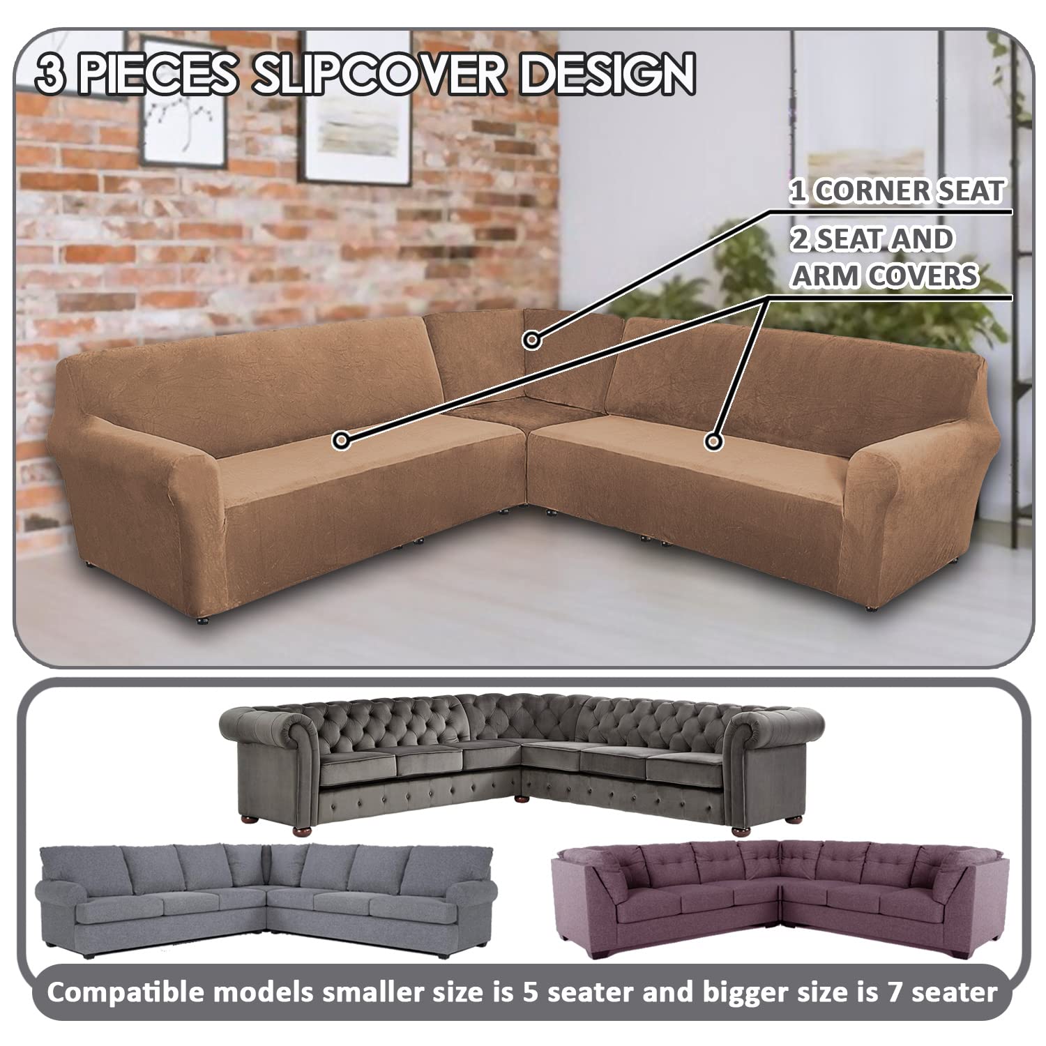 ULTICOR 3 Piece, Velvet L Shape Sofa Cover, L Shape Couch Cover, Sofa Cover for L Shape Sofa, Sofa Slipcovers, Furniture Covers, Thick, Soft, Washable (Sand, L Shape 7 Seater Cover)