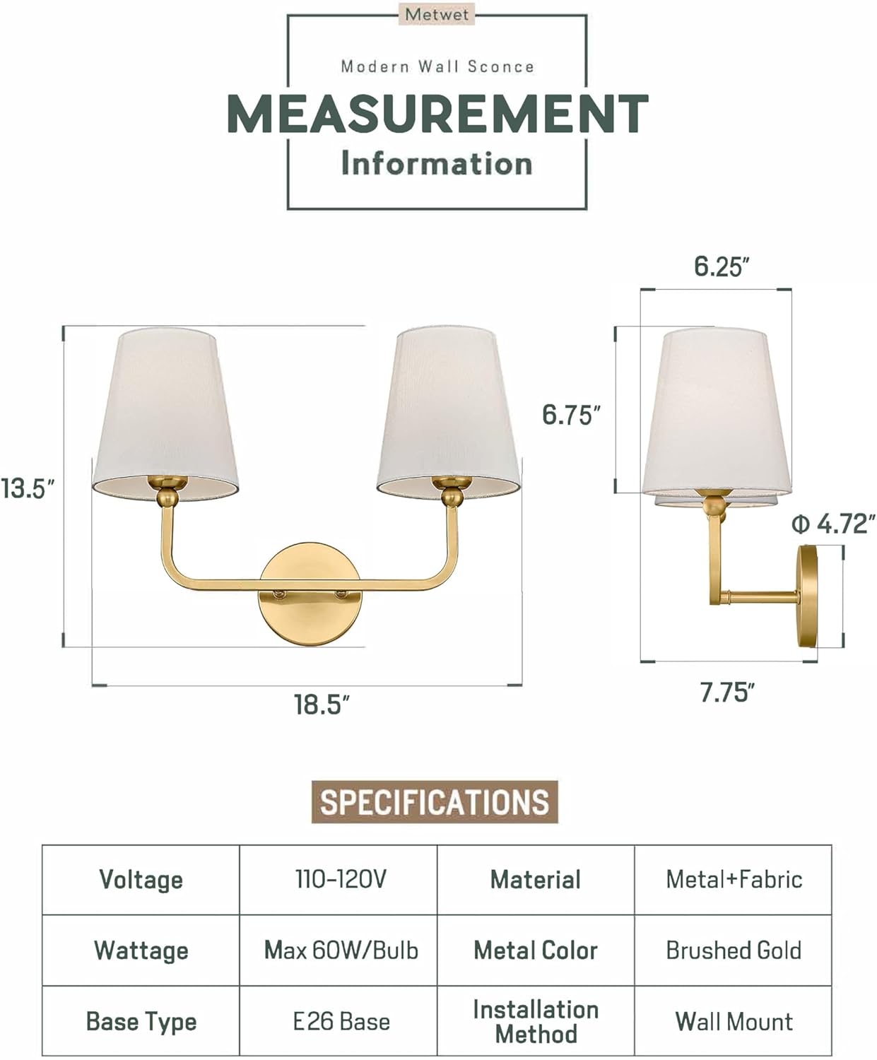 2 Light Bathroom Vanity Light, Brushed Gold Double Wall Sconce with Flared White Fabric Shade, Modern Sconces Wall Lighting for Hallway Bedroom Stairway, VL837-BG