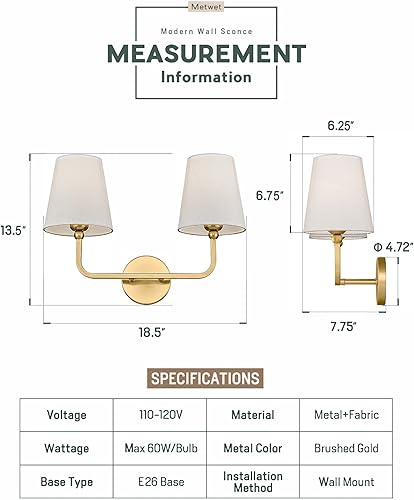 Miniatura 2 de VL837-BG - Lámpara de tocador de baño de 2 luces, aplique de doble pared dorado cepillado con pantalla de tela blanca acampanada, apliques modernos
